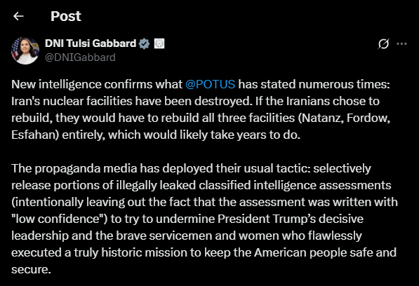 warsurv's tweet photo. 🚨💥 CONFIRMED: U.S. Intel Chief @TulsiGabbard backs Trump — Iran’s nuclear sites at Natanz, Fordow & Esfahan are completely destroyed!
“If Iran wants to rebuild, it’ll take YEARS.”
Another MASSIVE blow to Tehran’s ambitions.
#TrumpStrikes #IranNuclear #TulsiGabbard https://t.co/4JF50aiIL6