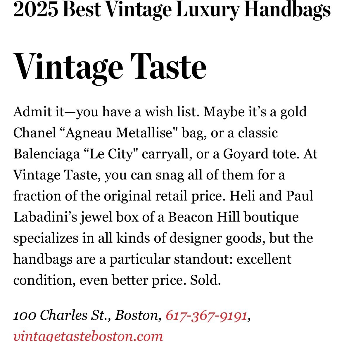 vintagetastebos's tweet image. Vintage Taste is honored to be named Best Vintage Luxury Handbags in Boston Magazine’s Best of Boston 2025! Catch us celebrating with champagne &amp;amp; Chanel!🍾🥂

Click our product web page for designers, sizes &amp;amp; prices.

#bestofboston2025 #highendconsignment #designerhandbags