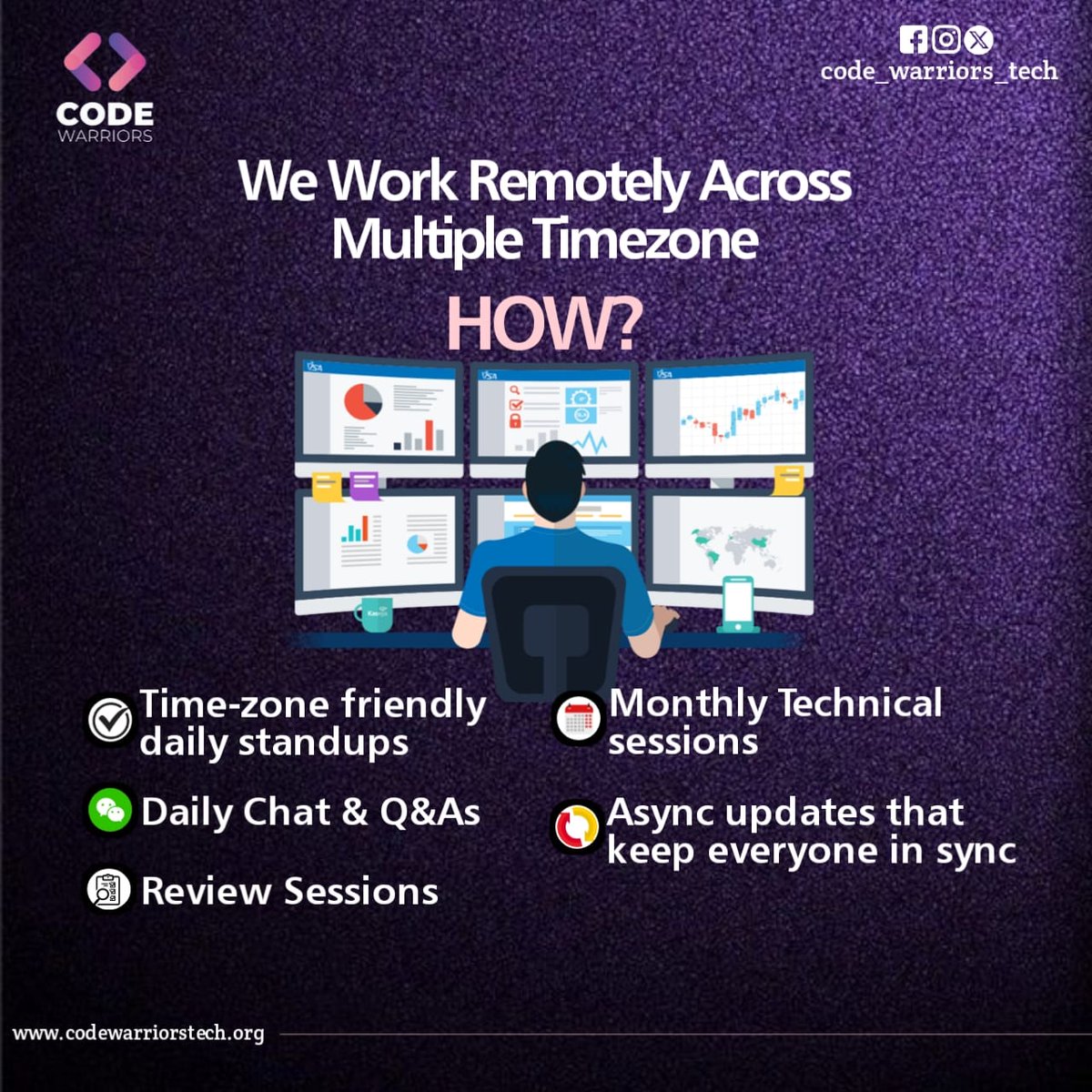 codewarriors02's tweet image. From building platforms to teaching code, our team at Code Warriors Tech stays tightly connected across time zones.
Here’s how we make remote teamwork feel like real teamwork.
#RemoteCulture #TechTeamwork #CodeWarriorsTech