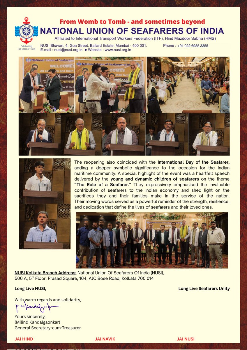 NUSI Celebrates Grand Reopening of the Kolkata Branch at newly owned premises on the auspicious day of seafarer