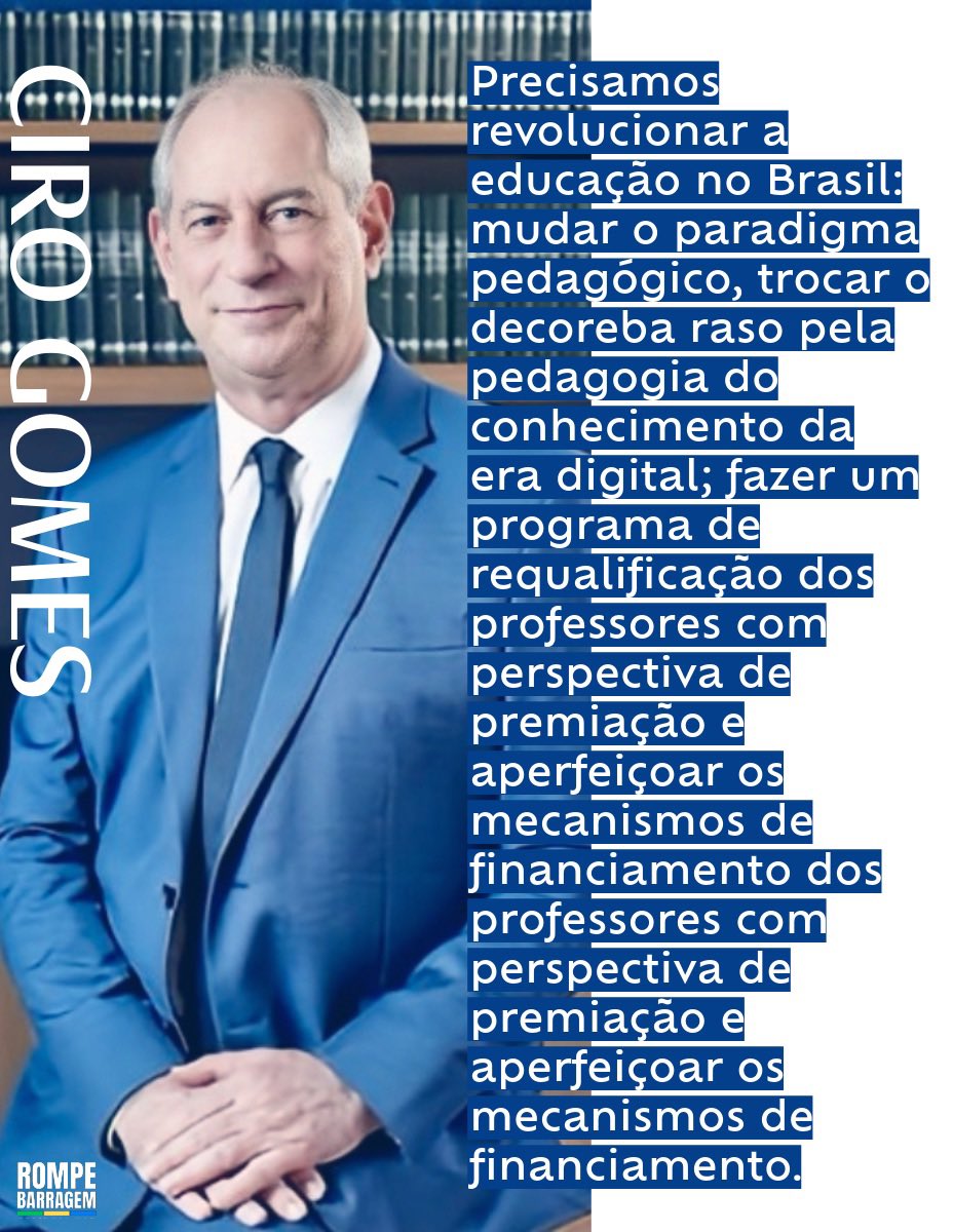 “Precisamos revolucionar a educação no Brasil: mudar o paradigma pedagógico, trocar o decoreba raso pela pedagogia do conhecimento da era digital; fazer um programa de requalificação dos professores com perspectiva de premiação e aperfeiçoar os mecanismos de financiamento dos