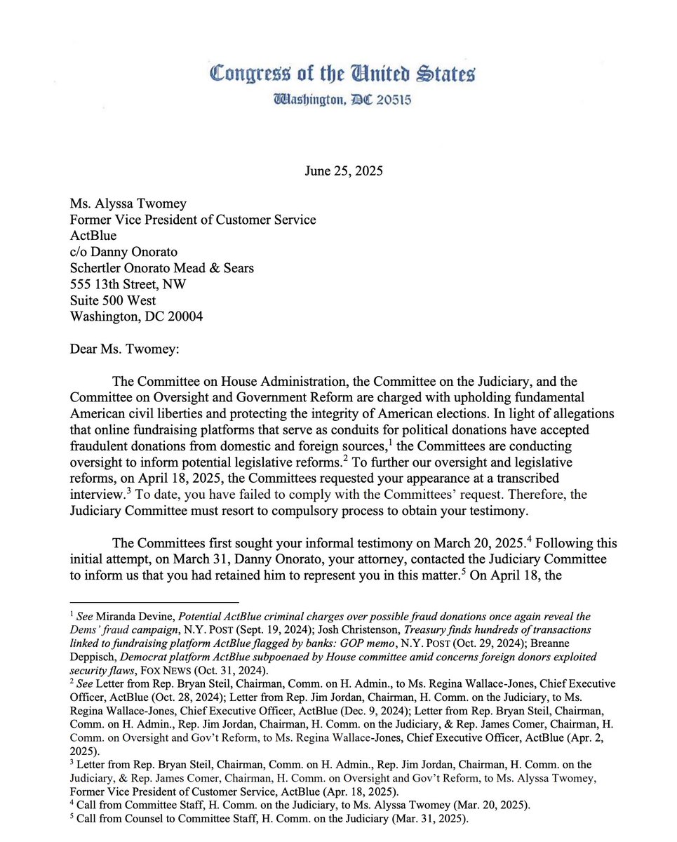 House Judiciary GOP 🇺🇸🇺🇸🇺🇸 (@judiciarygop) on Twitter photo 🚨 #BREAKING: <a href="/Jim_Jordan/">Rep. Jim Jordan</a>, <a href="/RepBryanSteil/">Bryan Steil</a>, and <a href="/RepJamesComer/">Rep. James Comer</a> Subpoena Senior ActBlue Employees for Depositions.
Allegations have risen that online fundraising platforms, including ActBlue, have accepted fraudulent donations from domestic and foreign sources. 🚨 #BREAKING: <a href="/Jim_Jordan/">Rep. Jim Jordan</a>, <a href="/RepBryanSteil/">Bryan Steil</a>, and <a href="/RepJamesComer/">Rep. James Comer</a> Subpoena Senior ActBlue Employees for Depositions.
Allegations have risen that online fundraising platforms, including ActBlue, have accepted fraudulent donations from domestic and foreign sources.
