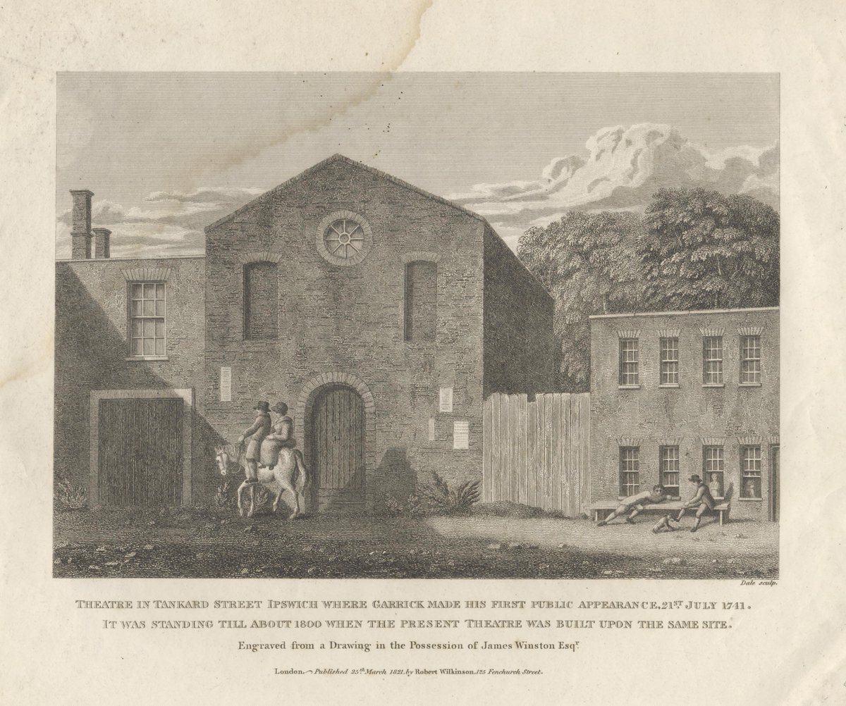 AncientHouseMus's tweet image. #OnThisDay in 1741 David Garrick made his first public appearance her at theatre in Tankard street, Ipswich, Suffolk. This engraving by Dale (1821) shows old theatre with notice about Garrick on the front, various figures in the street.