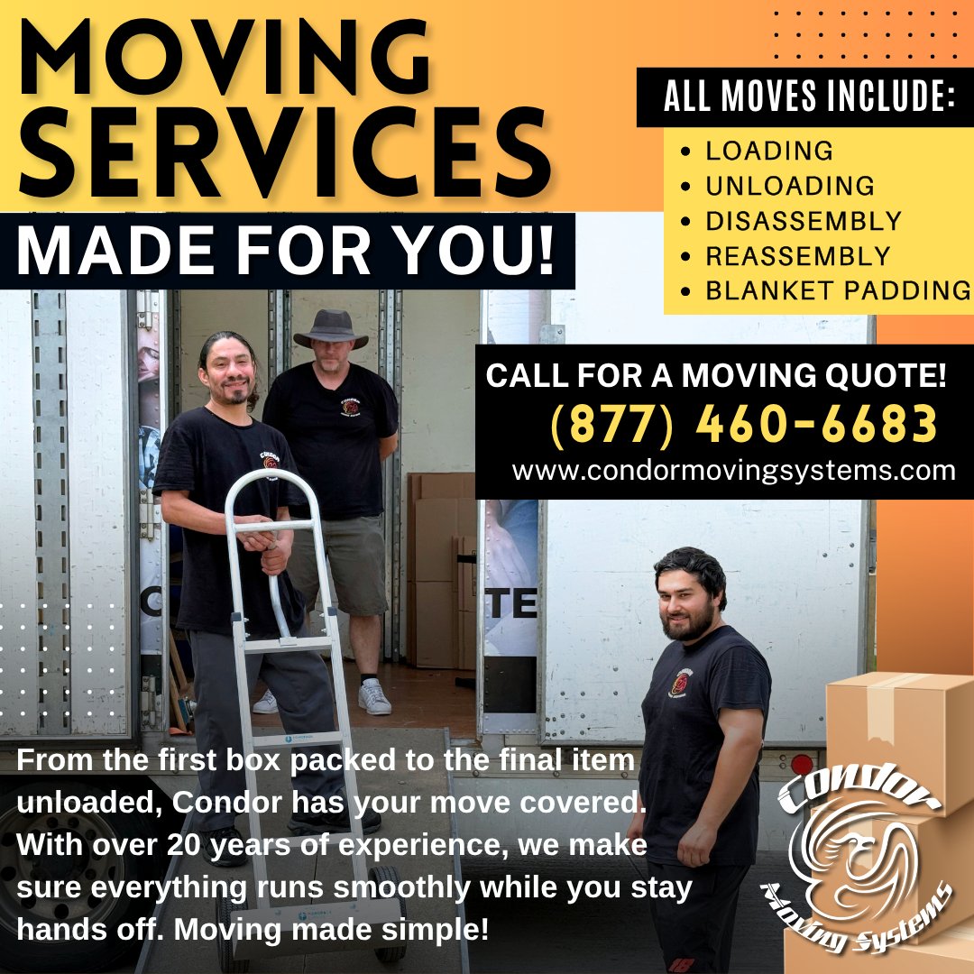 CondorMovingSys's tweet image. Moving doesn’t have to be overwhelming.🏡With Condor Moving Systems, you get experienced professionals who handle every detail from start to finish.📦

📱Get a FREE Moving Quote now! condormovingsystems.com/get-a-quote/