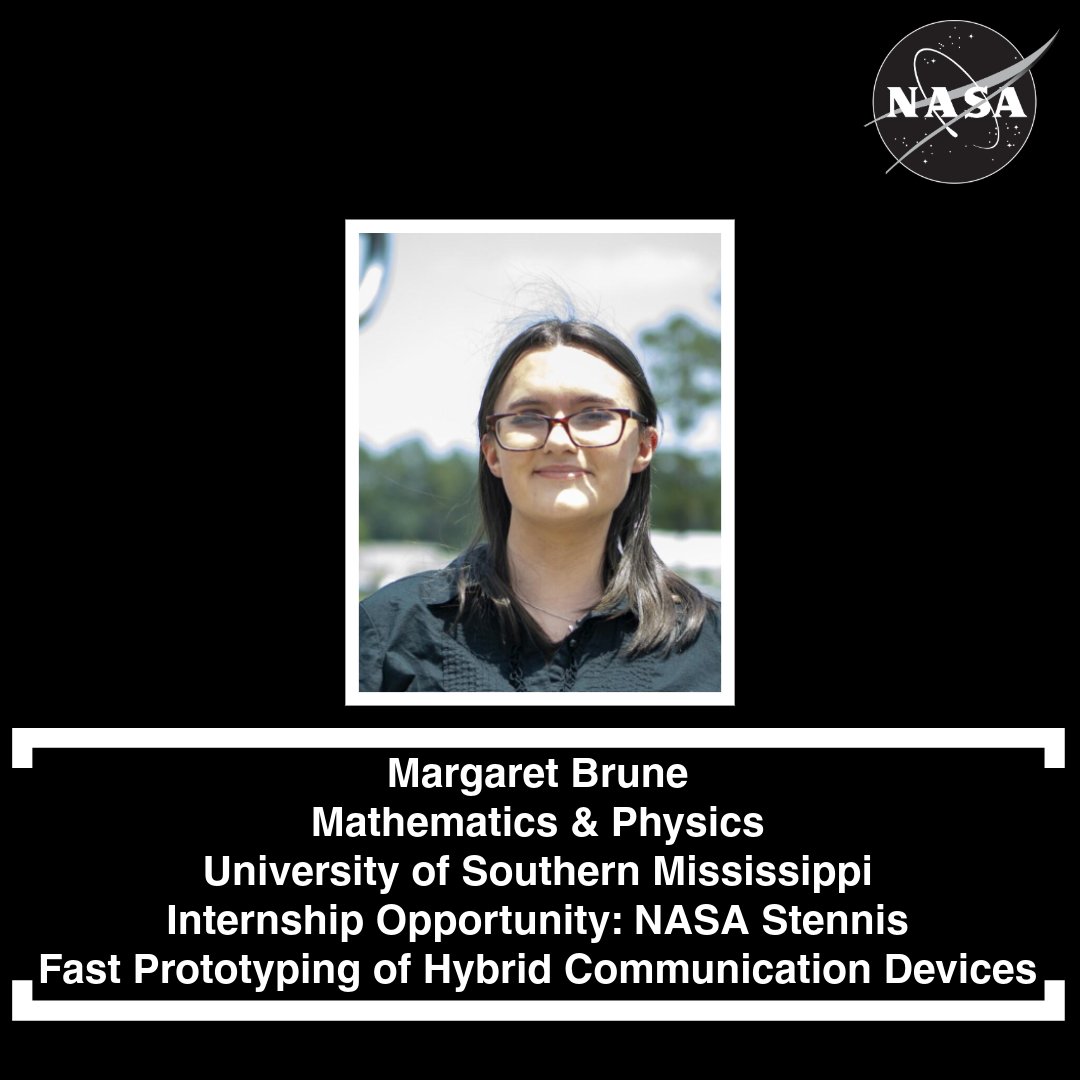 Stennis Space Center (@nasastennis) on Twitter photo Welcome to NASA Stennis! 🚀 We are thrilled to have Margaret Brune join us as a summer 2025 intern supporting fast prototyping of hybrid communication devices. Margaret is pursuing mathematics and physics at The University of Southern Mississippi. <a href="/SouthernMiss/">Southern Miss</a> Welcome to NASA Stennis! 🚀 We are thrilled to have Margaret Brune join us as a summer 2025 intern supporting fast prototyping of hybrid communication devices. Margaret is pursuing mathematics and physics at The University of Southern Mississippi. <a href="/SouthernMiss/">Southern Miss</a>