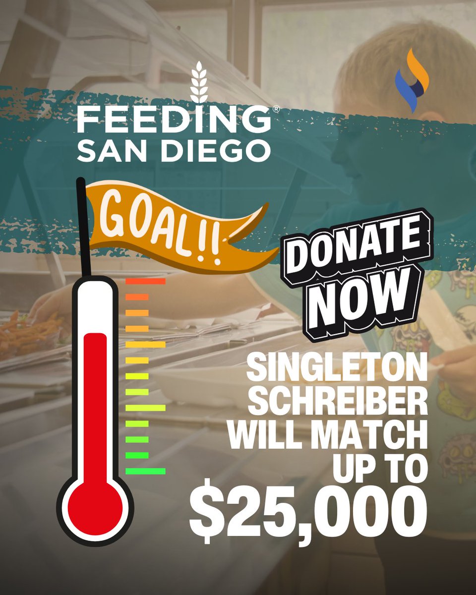 SingletonShreib's tweet image. We’ve raised $21,475 of our $25K goal for @feedingsandiego — and Singleton Schreiber is matching every dollar! 💥

Help us stock TWO food pantries in local high-poverty schools.
Like, share &amp;amp; donate 💛

🔗 Link in bio

#FoodFromTheBar #FightHunger #FeedingSanDiego