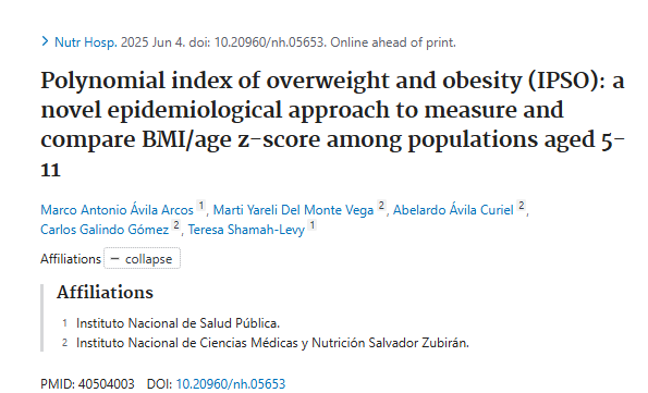 INCMNSZ_DirInv's tweet image. Hallazgos sobre índice polinomial de sobrepeso y obesidad: un nuevo enfoque epidemiológico para medir y comparar la puntuación z del IMC/edad entre poblaciones de 5 a 11 años. Participación del @incmnszmx, Martí Yareli Del Monte Vega y cols.