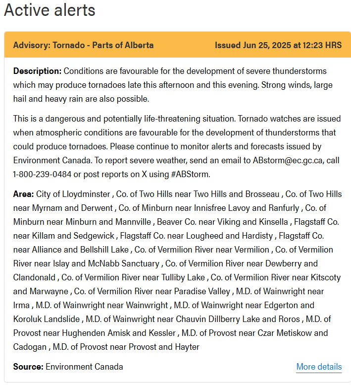 ***Tornado Advisory***
Conditions are favorable for tornados in NE Alberta. Stay weather aware today and follow #abstorm and <a href="/environmentca/">Environment Canada</a> for more updates. #yeg #yyc