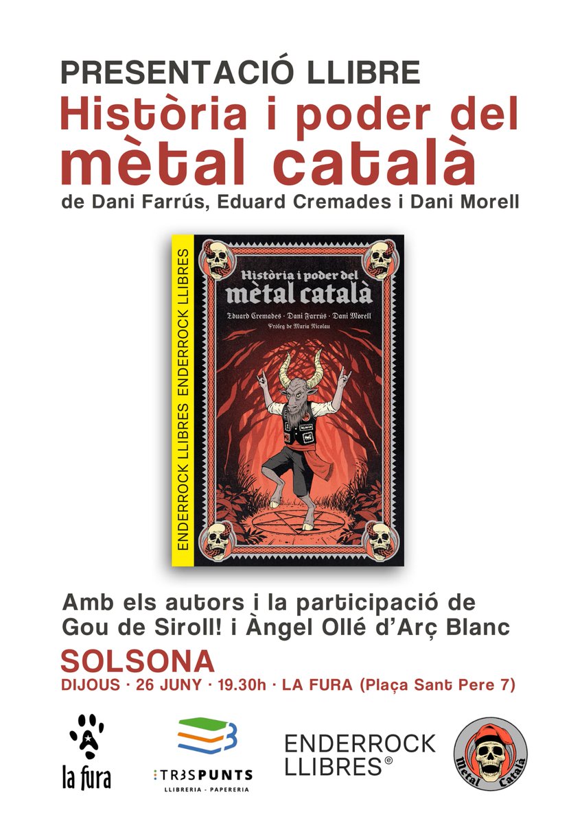 Demà, a 2/4 de 8 del vespre tindrem la presentació del llibre Història i poder del <a href="/metalcatala/">Mètal Català</a>, amb els autors i dos referents del ram del metall de la comarca, el Gou de <a href="/Siroll_metal/">Siroll</a> i l'Àngel dels mítics Arç Blanc. Us hi esperem!
