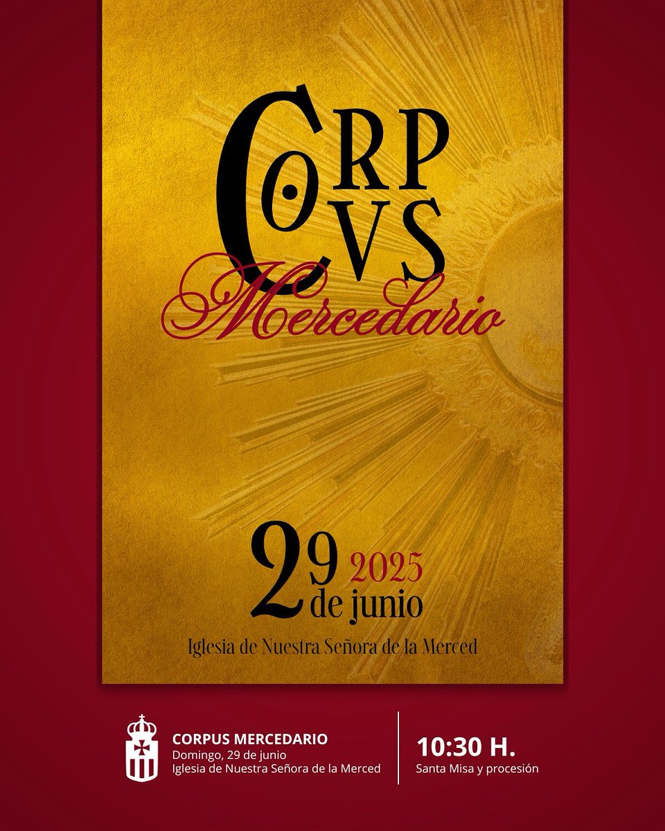 Hermandad Despojado y Caridad de Salamanca (@hdespojado) on Twitter photo #MERCED | El próximo domingo estamos llamados a participar en la celebración del Corpus Mercedario.
📅 29 de junio.
🕥 10:30 h.
⛪ Iglesia de Ntra. Sra. de la Merced.
✝ Santa misa y procesión. #MERCED | El próximo domingo estamos llamados a participar en la celebración del Corpus Mercedario.
📅 29 de junio.
🕥 10:30 h.
⛪ Iglesia de Ntra. Sra. de la Merced.
✝ Santa misa y procesión.