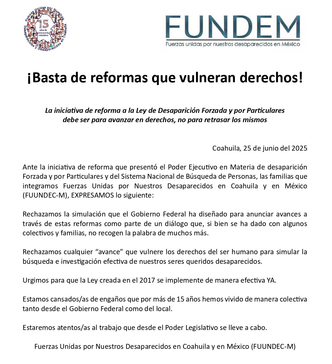 FUNDEM (@fundem_mx) on Twitter photo Estamos en contra de reformas a la Ley General de Desapariciones que vulnere derechos. ¡Basta de simulación! ¡Verdad y Justicia YA! <a href="/Claudiashein/">Claudia Sheinbaum Pardo</a> <a href="/SEGOB_mx/">Gobernación</a> <a href="/Busqueda_MX/">Comisión Nal. de Búsqueda Mx</a> <a href="/CNDH/">CNDH en México</a> <a href="/julioastillero/">Julio Astillero</a> <a href="/danielapastrana/">Daniela Pastrana 🇵🇸</a> <a href="/Desinformemonos/">Desinformémonos</a> <a href="/DesaparecerEnMx/">adondevanlosdesaparecidos.org</a> <a href="/CdhPasodelNorte/">Centro de Derechos Humanos Paso del Norte A.C.</a> <a href="/CdhFrayba/">Frayba Derechos Humanos</a> Estamos en contra de reformas a la Ley General de Desapariciones que vulnere derechos. ¡Basta de simulación! ¡Verdad y Justicia YA! <a href="/Claudiashein/">Claudia Sheinbaum Pardo</a> <a href="/SEGOB_mx/">Gobernación</a> <a href="/Busqueda_MX/">Comisión Nal. de Búsqueda Mx</a> <a href="/CNDH/">CNDH en México</a> <a href="/julioastillero/">Julio Astillero</a> <a href="/danielapastrana/">Daniela Pastrana 🇵🇸</a> <a href="/Desinformemonos/">Desinformémonos</a> <a href="/DesaparecerEnMx/">adondevanlosdesaparecidos.org</a> <a href="/CdhPasodelNorte/">Centro de Derechos Humanos Paso del Norte A.C.</a> <a href="/CdhFrayba/">Frayba Derechos Humanos</a>