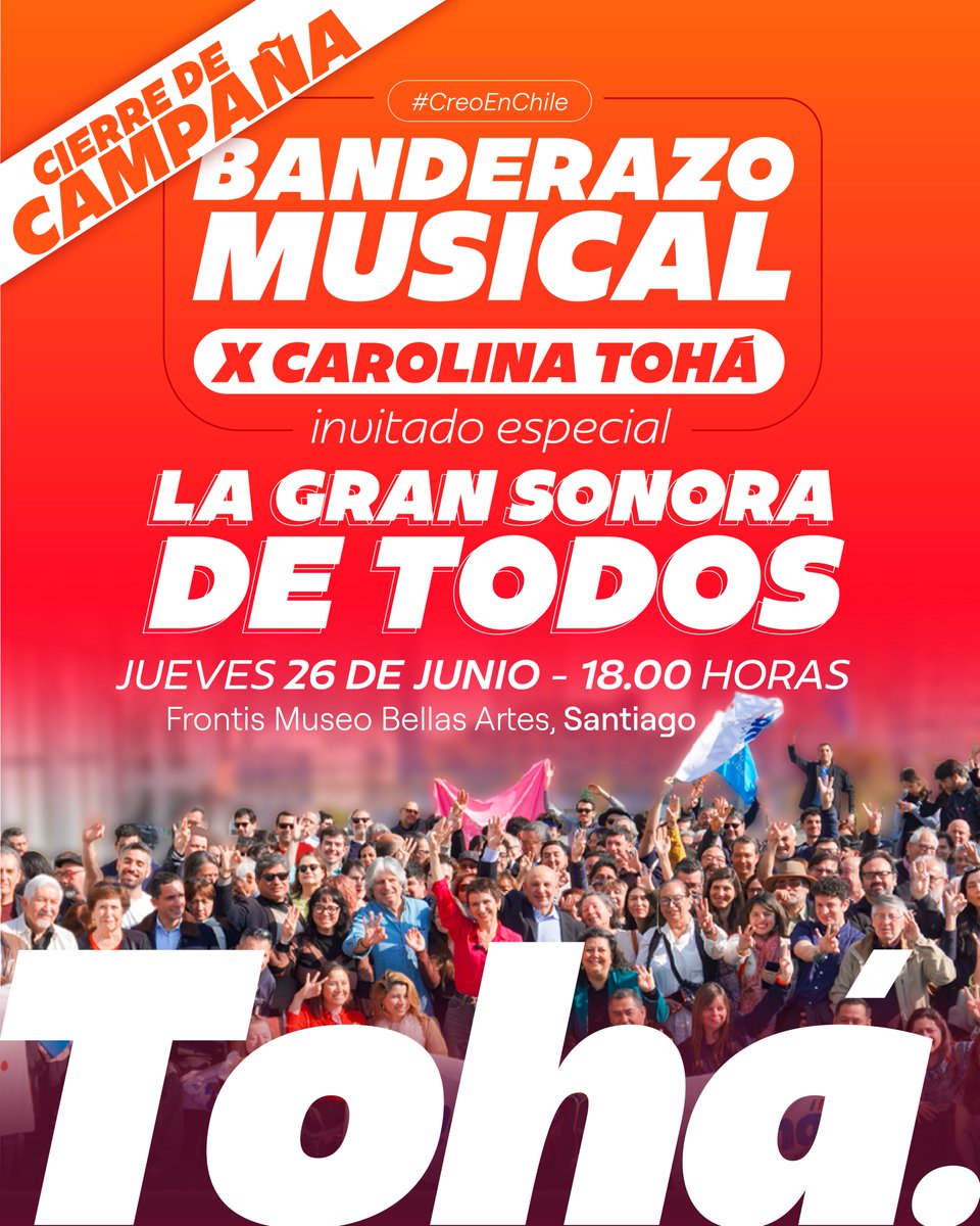 Carolina_Toha's tweet image. 🚩 ¡Gran Banderazo musical por Carolina Tohá! 🎶
Ven con tu bandera y tus ganas de cambiar Chile 💪🏽
🗓 Jueves 26 de junio
🕕 18:00 hrs.
📍 Frente al Museo Nacional de Bellas Artes
Monumento a La Gloria
José Miguel de la Barra 650, Santiago.
#CreoEnChile