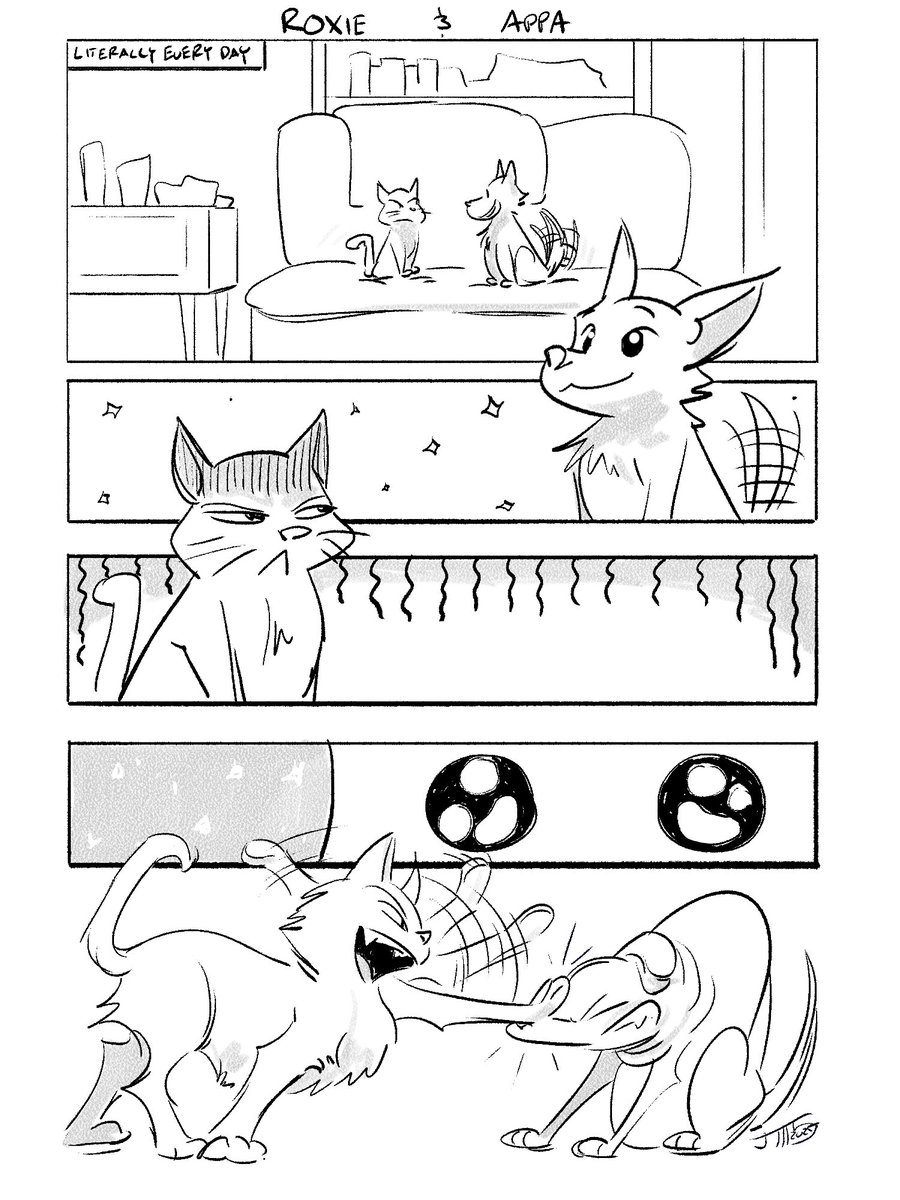 ValiantKai's tweet image. Did a #makeaterriblecomicday2025 for my dog and cat, Appa and Roxie.