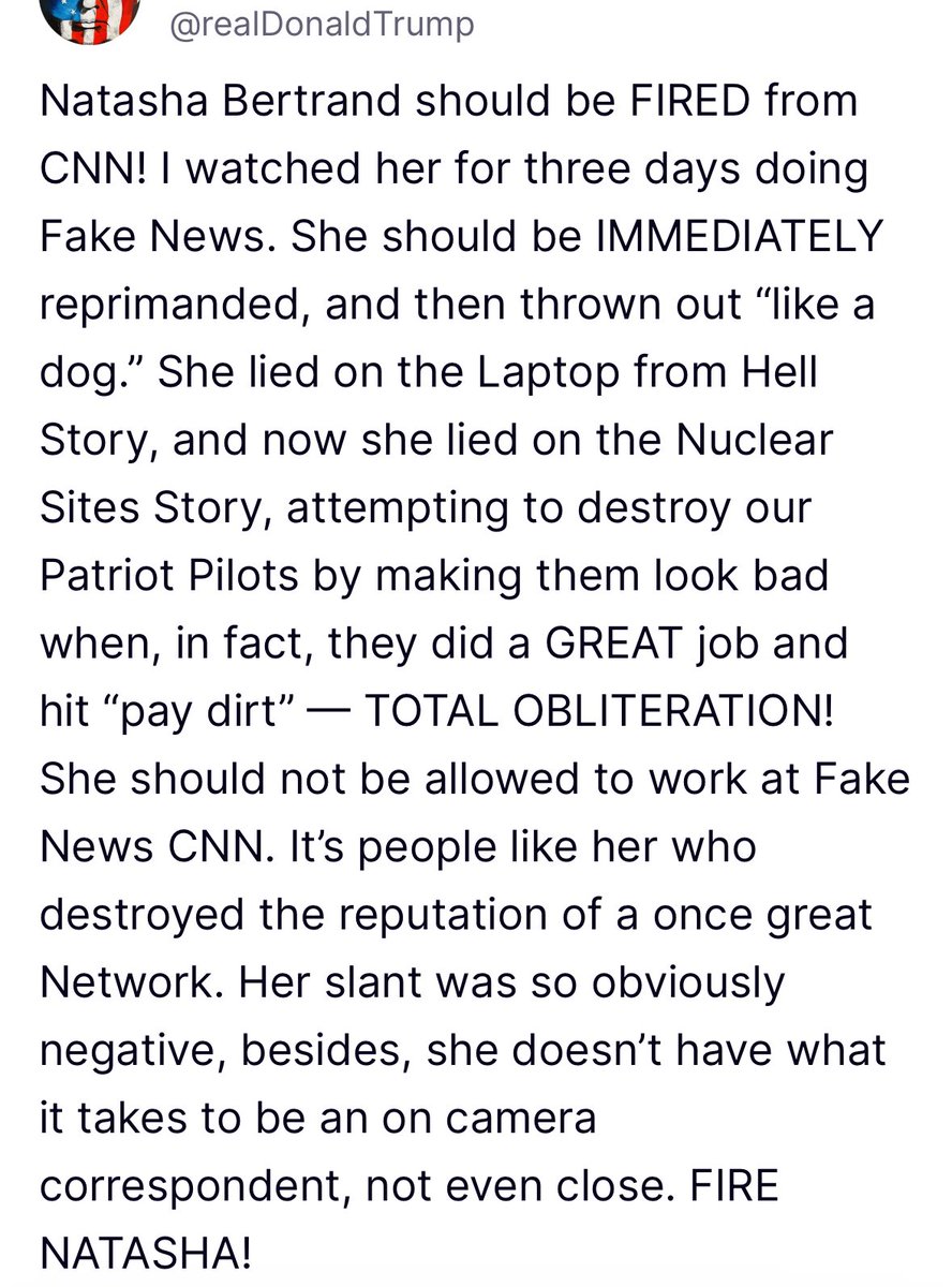 Angry Staffer (@angry_staffer) on Twitter photo Case in point.
1. POTUS is at the NATO summit and presumably has more important things to do than critique <a href="/NatashaBertrand/">Natasha Bertrand</a>’s on camera technique
2. They’ve started a leak investigation
3. We went from it’s fake, to it’s real but it’s wrong, to we will prosecute the leakers Case in point.
1. POTUS is at the NATO summit and presumably has more important things to do than critique <a href="/NatashaBertrand/">Natasha Bertrand</a>’s on camera technique
2. They’ve started a leak investigation
3. We went from it’s fake, to it’s real but it’s wrong, to we will prosecute the leakers