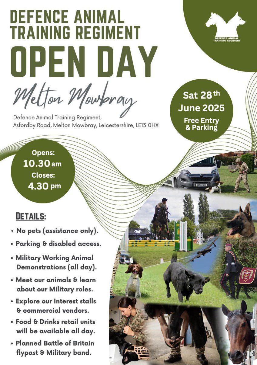 HistoryFare ๐ (@farebrian) on Twitter photo Looking forward to the <a href="/Official_DATR/">Defence Animal Training Regiment</a> open day this coming Saturday, 28th June 2025 from 10:30am to 4:30pm.
This event is held every other year & it is always a very popular event and best of all it is FREE!
So bring your family along and enjoy all the military demonstrations Looking forward to the <a href="/Official_DATR/">Defence Animal Training Regiment</a> open day this coming Saturday, 28th June 2025 from 10:30am to 4:30pm.
This event is held every other year & it is always a very popular event and best of all it is FREE!
So bring your family along and enjoy all the military demonstrations