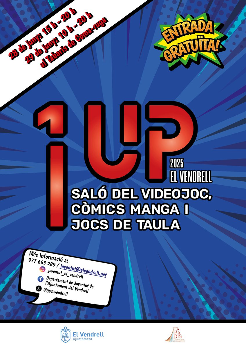 📢 El dissabte 28 i el diumenge 29 de juny l'edifici Tabaris de Coma-ruga acollirà la II edició del "1UP" (Saló del videojoc, còmics manga i jocs de taula)! 🎮 🗨️ 🎲

👉 L'entrada és gratuïta!

<a href="/elvendrell_cat/">Ajuntament del Vendrell</a>
<a href="/jovevendrell/">Joventut El Vendrell</a>

#videojocs #comicsmanga #jocsdetaula #1UPelVendrell