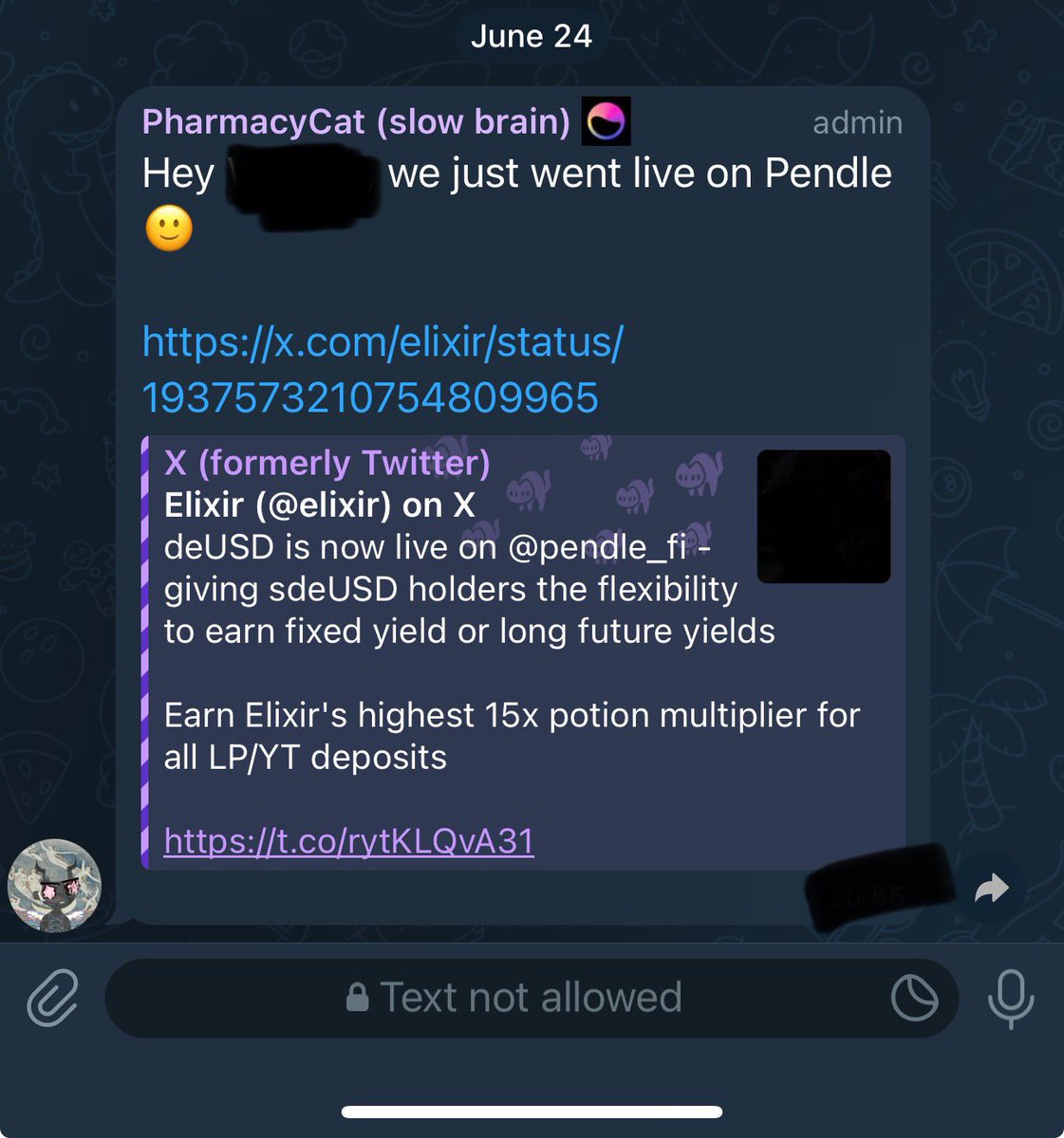 Auri_0x's tweet photo. Elixir team is down so fucking bad that they still keep the private LP chat on mute yet spam their marketing garbage there LMFAO 

Bottom of the barrel scammers https://t.co/zD9iAdVUu6