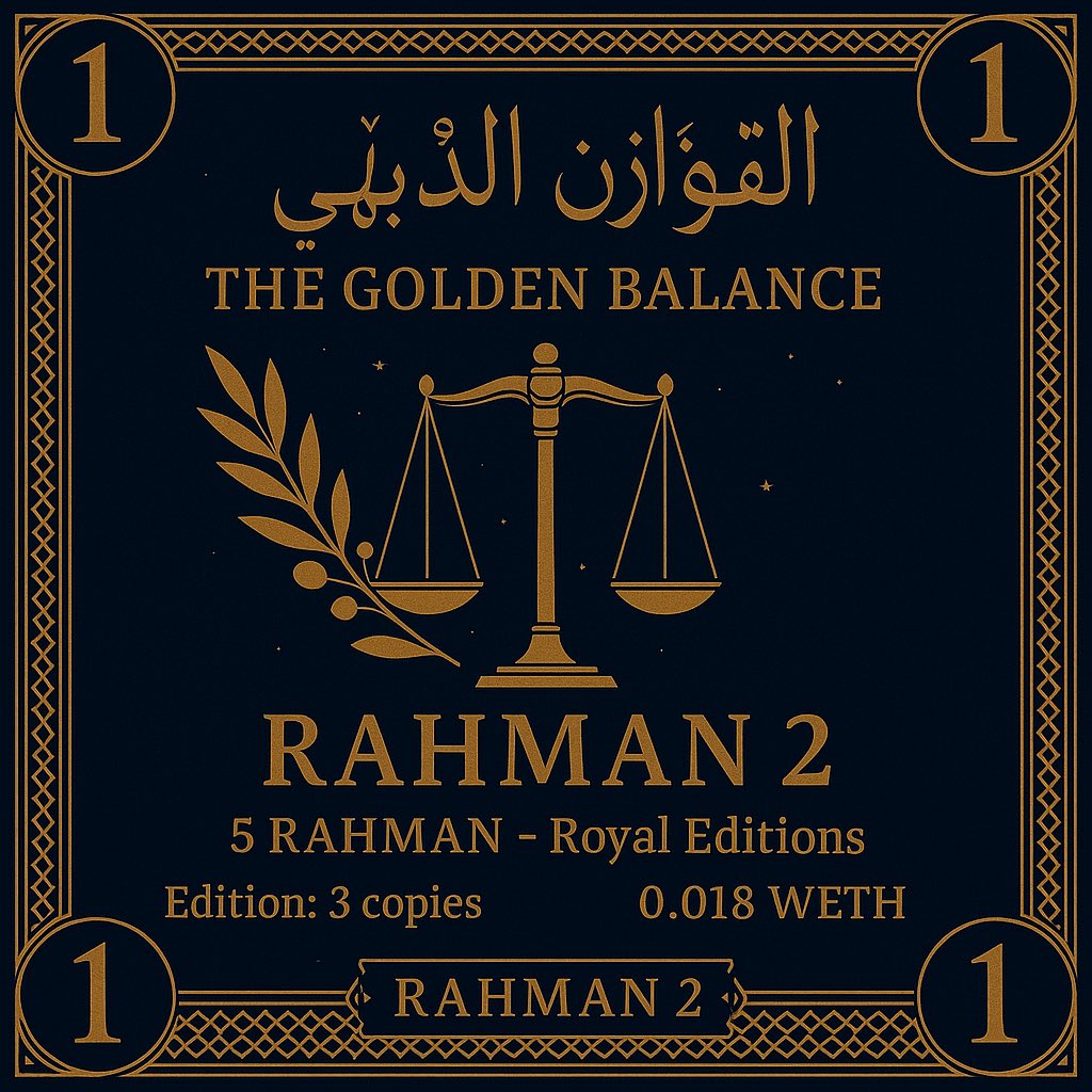 SufiTokenNFT's tweet photo. RAHMAN 2 – The Golden Balance ⚖️
The royal emblem of divine harmony and sacred justice.
For those who walk the path of clarity and truth.
Now listed on OpenSea.

🔸 5 RAHMAN – Royal Editions
🔹 Edition: 3 copies
💰 0.018 WETH

🔗 https://t.co/k6m67ZZByu
#NFT #SufiToken #DigitalArt #OpenSea