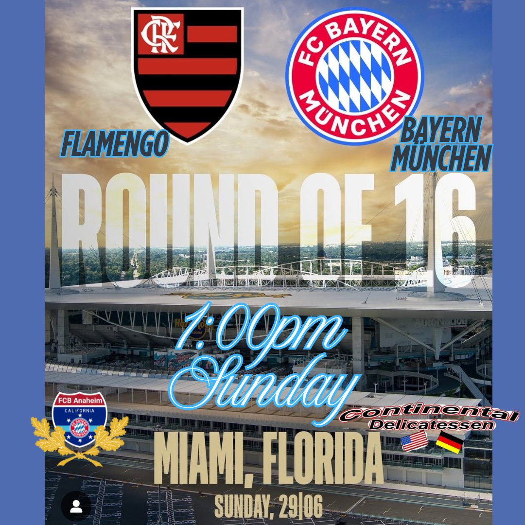 Join us at the #ContinentalDeli in La Habra at 1pm pst for the <a href="/FIFAcom/">FIFA</a>  @FIFACWC  with Flamengo vs. <a href="/FCBayern/">FC Bayern München</a> in Miami. Come watch with friends.
<a href="/FCBayernEN/">FC Bayern</a> <a href="/FCBayernUS/">🇺🇸 FC Bayern US 🇨🇦</a> <a href="/MiaSanHollywood/">Mia San Hollywood</a> <a href="/FCBayernLA2014/">FC Bayern München LA</a> <a href="/MiaSanFrancisco/">🏆🏆🏆 Mia San Francisco 🏆🏆🏆</a> <a href="/MiasanMiaCR/">🇩🇪Mia san Mia Costa Rica🔴⚪️</a>
