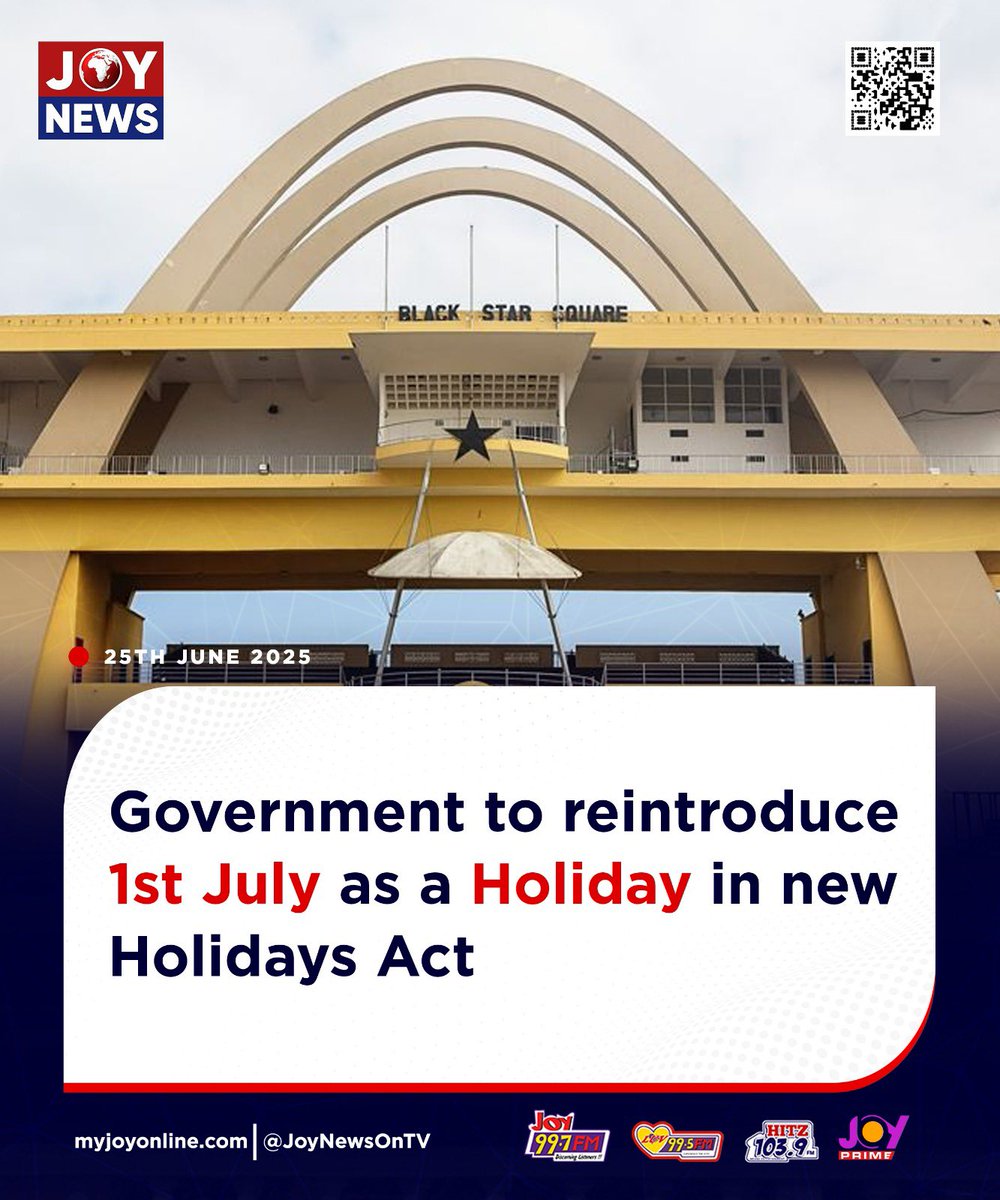 Israel Laryea (@theisraellaryea) on Twitter photo The Holidays Act is being amended to empower the President to shift holidays which fall on Tuesdays, Wednesdays and Thursdays to either Friday or Monday. 
The bill which is currently being considered by Parliament under a certificate of urgency will reintroduce 1st July as a The Holidays Act is being amended to empower the President to shift holidays which fall on Tuesdays, Wednesdays and Thursdays to either Friday or Monday. 
The bill which is currently being considered by Parliament under a certificate of urgency will reintroduce 1st July as a
