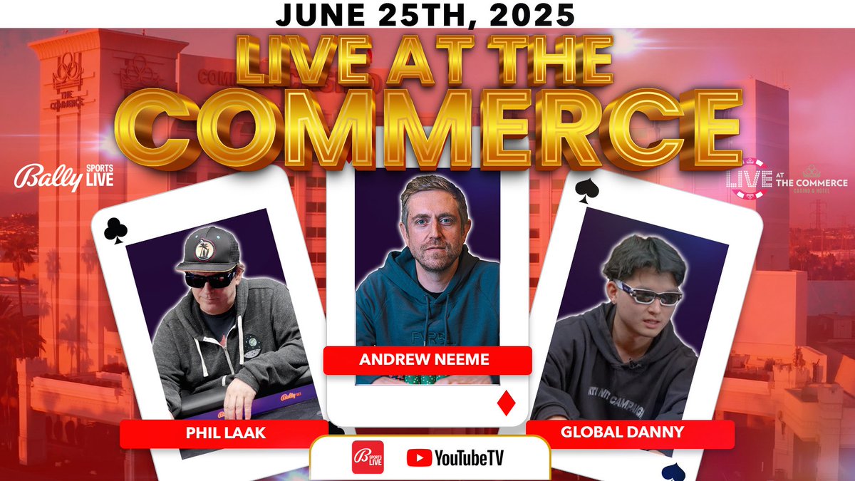 BallyPokerLive's tweet image. We are excited to have @andrewneeme on today and make his Live at the @commercecasino debut! Tune in for $25/$50/$50 NLH featuring @phillaak and Global Danny
🎥 youtube.com/live/fBIPwSKsQ…
Streaming LIVE on @BallyPokerLive youtube and @ballylivenow @Stadium
Gambling Problem?…