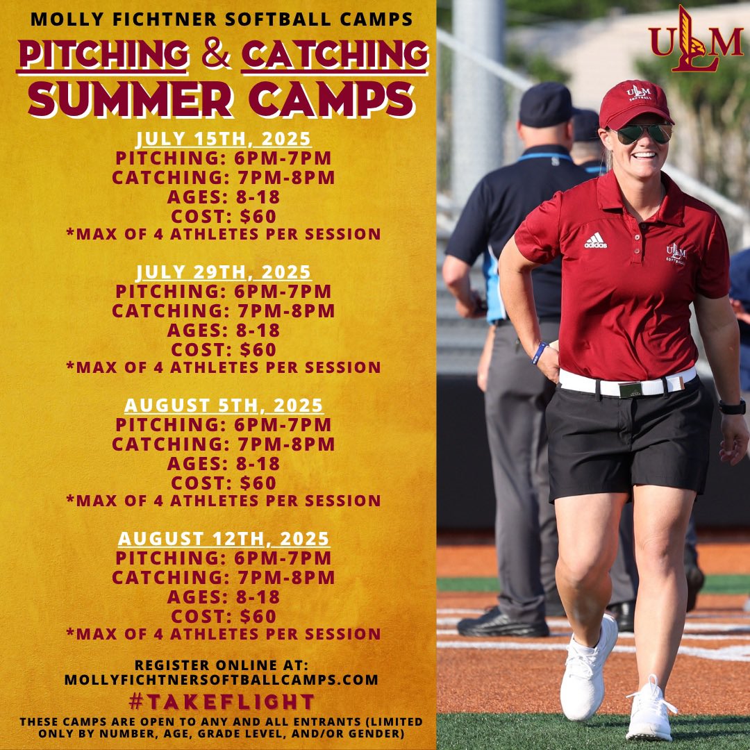 Interested in small group Pitching or Catching clinics⁉️Here’s your chance‼️Sign up using the link below ⬇️ 
mollyfichtnersoftballcamps.com