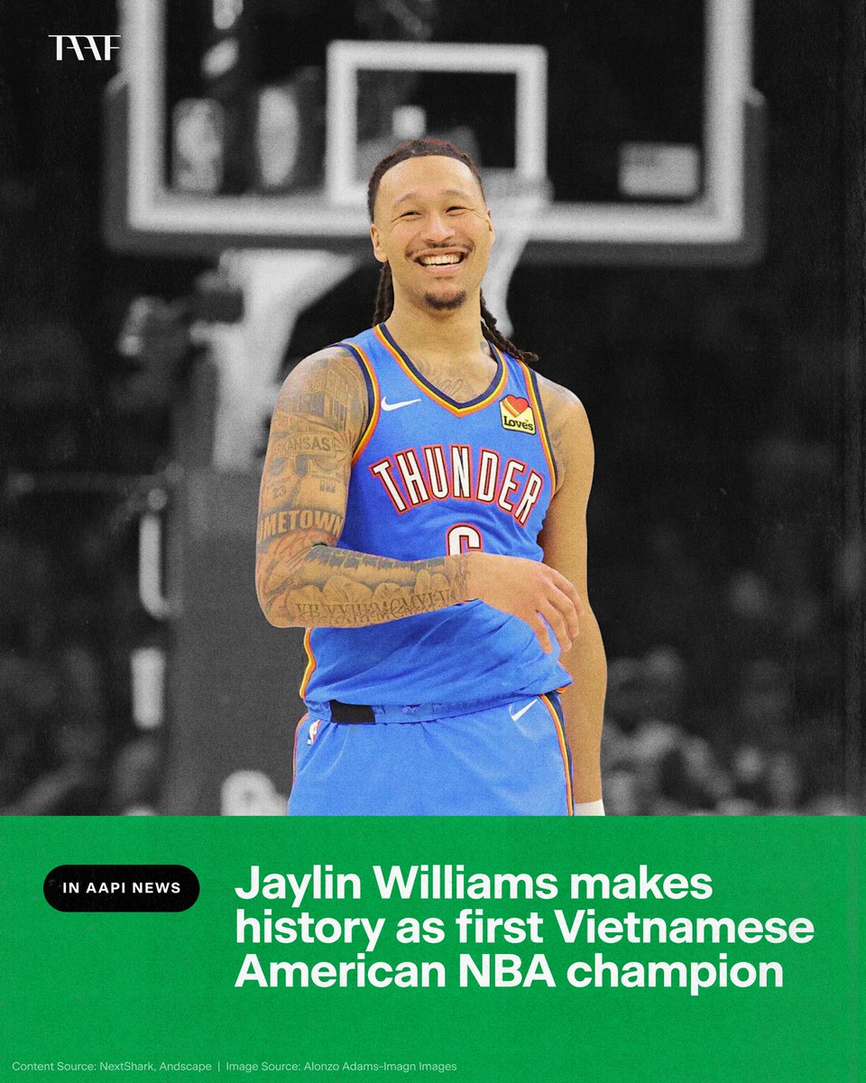 taaforg's tweet image. A huge congratulations to @jaylinwilliams, who became the first Vietnamese American NBA champion on Sunday evening when the Oklahoma City Thunder clinched a 4–3 Finals victory against the Indiana Pacers!