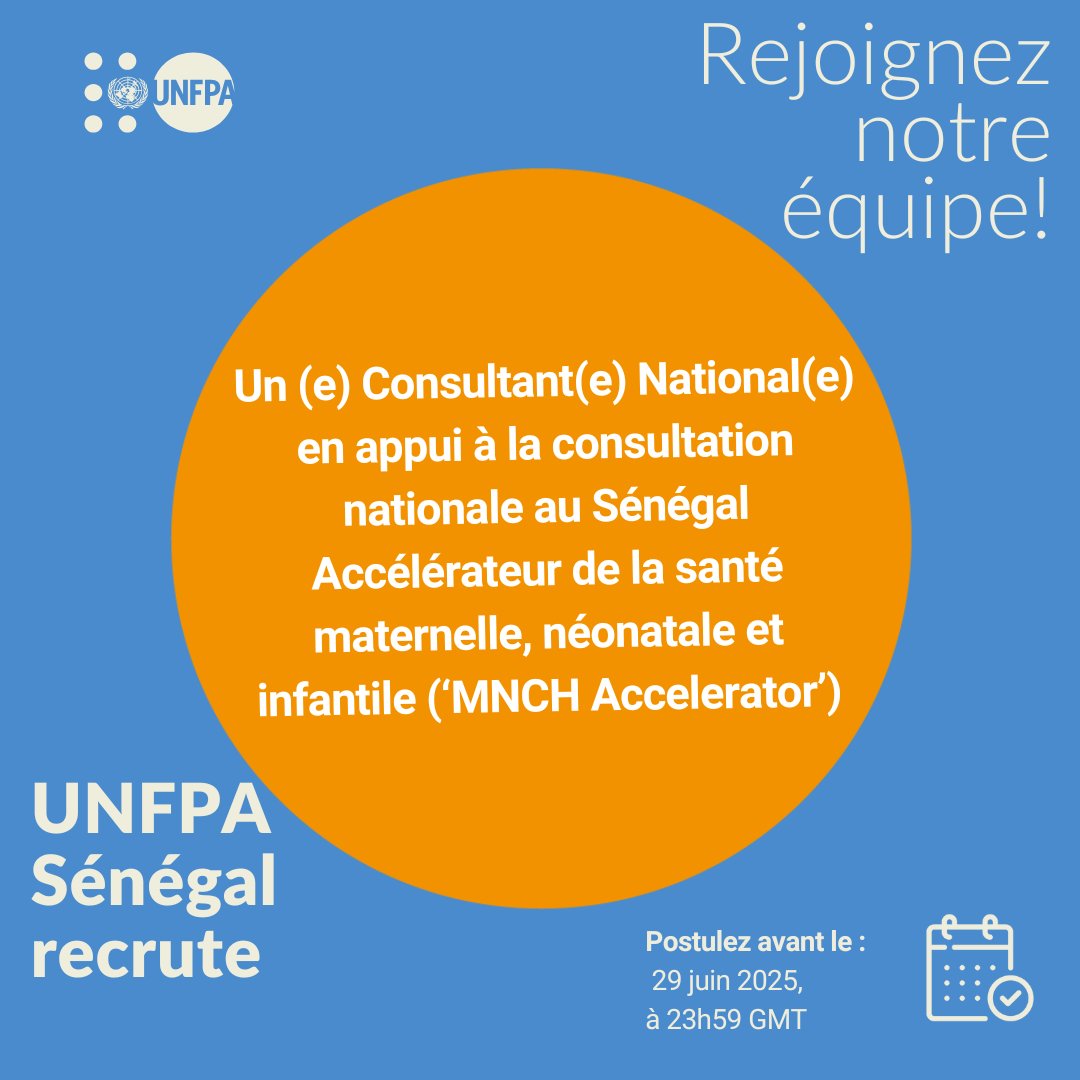 - UNFPA Sénégal recrute :
✅Consultant(e) National(e) Accélérateur SMNI
✅Type de contrat : Consultant
✅Clôture de l'offre : 29/06/2025
✅Lien : unf.pa/4ek6tk9