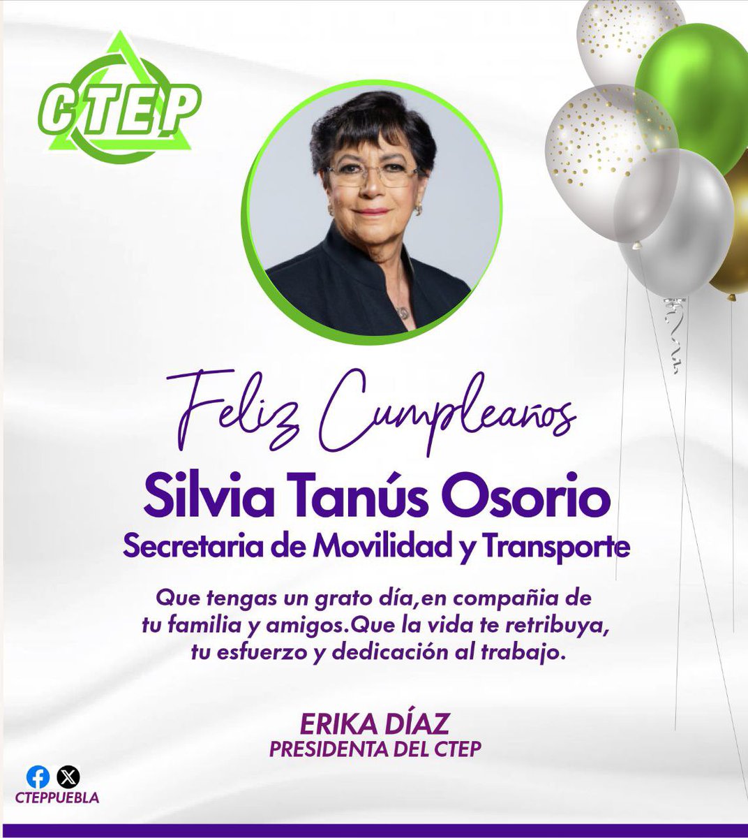 CONSEJO_TAXISTA's tweet photo. 🎉 La familia transportista de Consejo Taxista del Estado de Puebla felicita con aprecio a la Dra. Silvia Tanús Osorio, @silvia_tanus titular de la Secretaría de Movilidad y Transporte, en el día de su cumpleaños.
Le deseamos salud, alegría y muchas bendiciones. ¡Felicidades!. 🎂 https://t.co/2u4O6kZ1uj