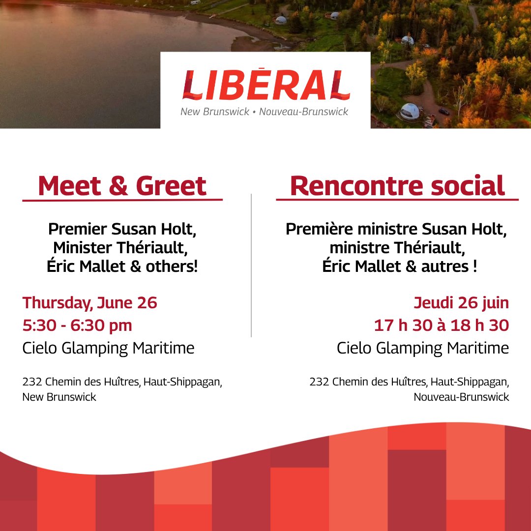 👋 Allô Shippagan!
La première ministre Susan Holt, la ministre Isabelle Thériault, et le député Éric Mallet, entre autres, seront à Cielo Glamping demain pour une party de cuisine! Tout le monde est bienvenu, alors venez en grand nombre!

📍 Cielo Glamping  - 232 chemin des