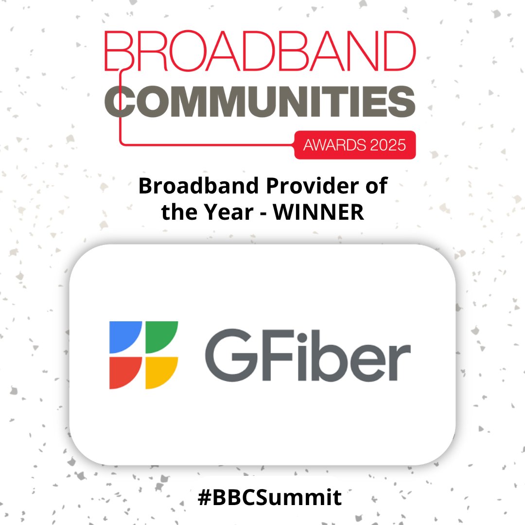 Big news today from the Broadband Communities Awards: GFiber was just named Broadband Provider of the Year! 🎉

Thank you to <a href="/bbcmag/">BroadbandCommunities</a> for the recognition, and a huge shoutout to our incredible team who works so hard to make it happen every day.

#GFiber #FiberInternet