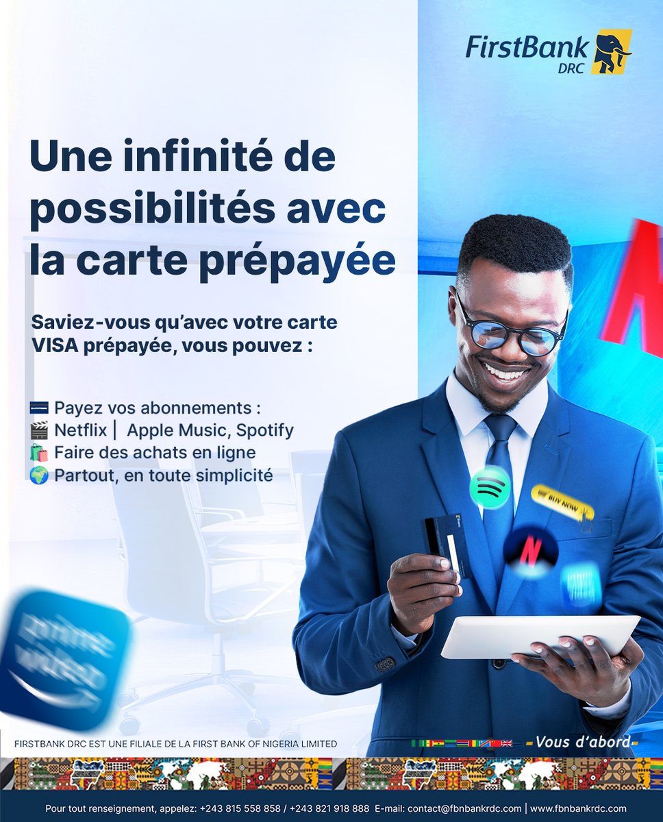 Une carte, des possibilités infinies 💳

Avec votre carte VISA prépayée, vous pouvez :
💻 Acheter en ligne
📱 Payer vos abonnements (Netflix, Spotify, etc.)
🛒 Acheter en magasin
🌎 Payer à l’international en sécurité

#FirstBankDRC #CartePrépayée #VISA #vousdabord