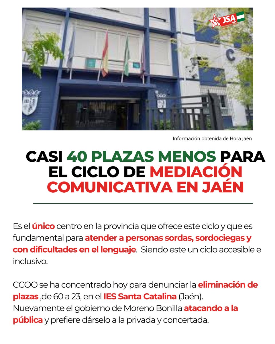 Desde las JSA Jaén nos unimos a la denuncia tras saber la triste noticia que está nuevamente está sufriendo la educación pública. 
✂️❌📚👨🏻‍🦯🧏🏻‍♀️