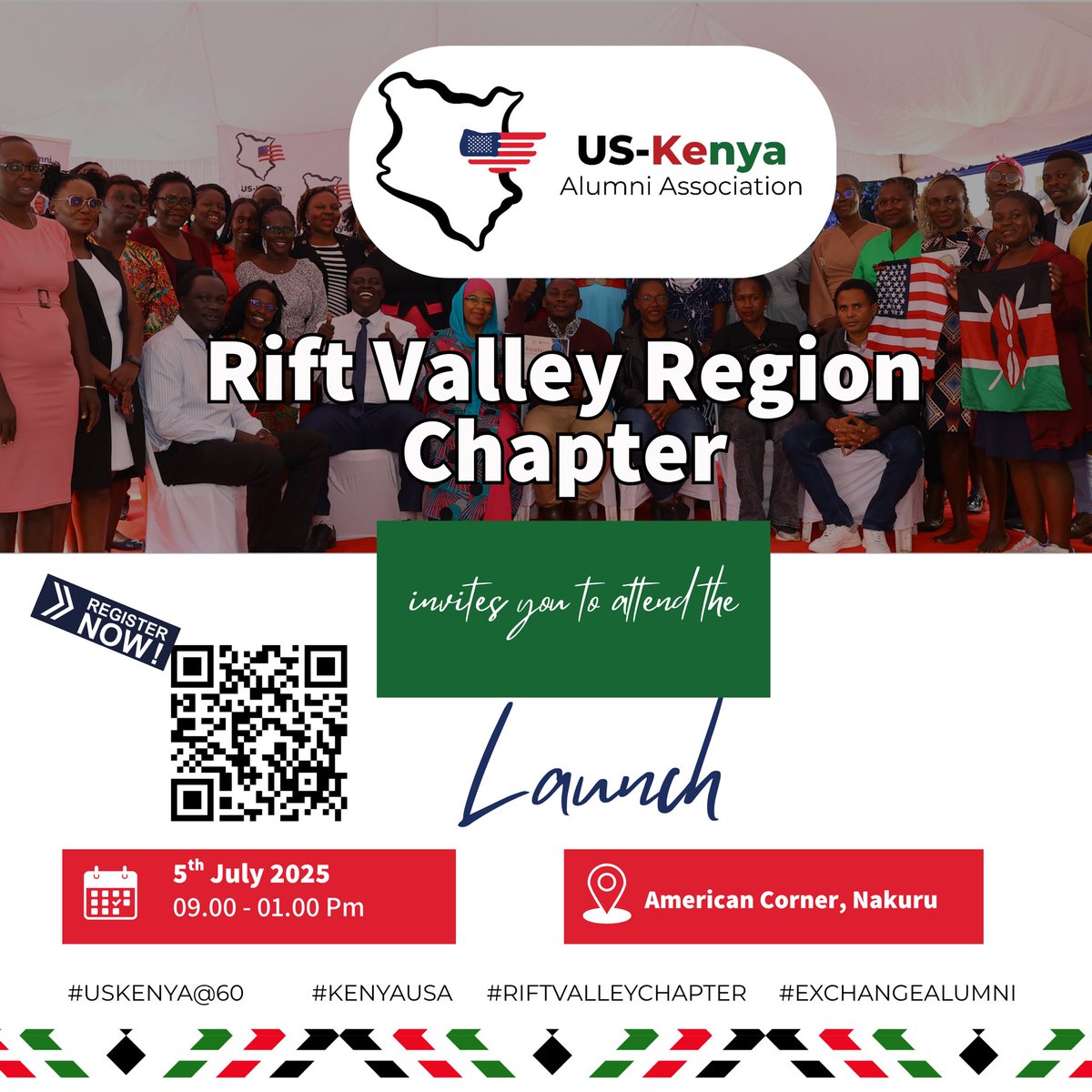 All roads lead to Nakuru this Sat! Join USKE Alumni Rift Valley Chapter launch &amp; be part of the movement!

July 5th, 9am-1pm @ American Corner Nakuru

Sign up: forms.gle/jauUgYpsWdZVqe…

#USKenyaAlumni #RiftvalleylaunchKE #AlumniNetwork