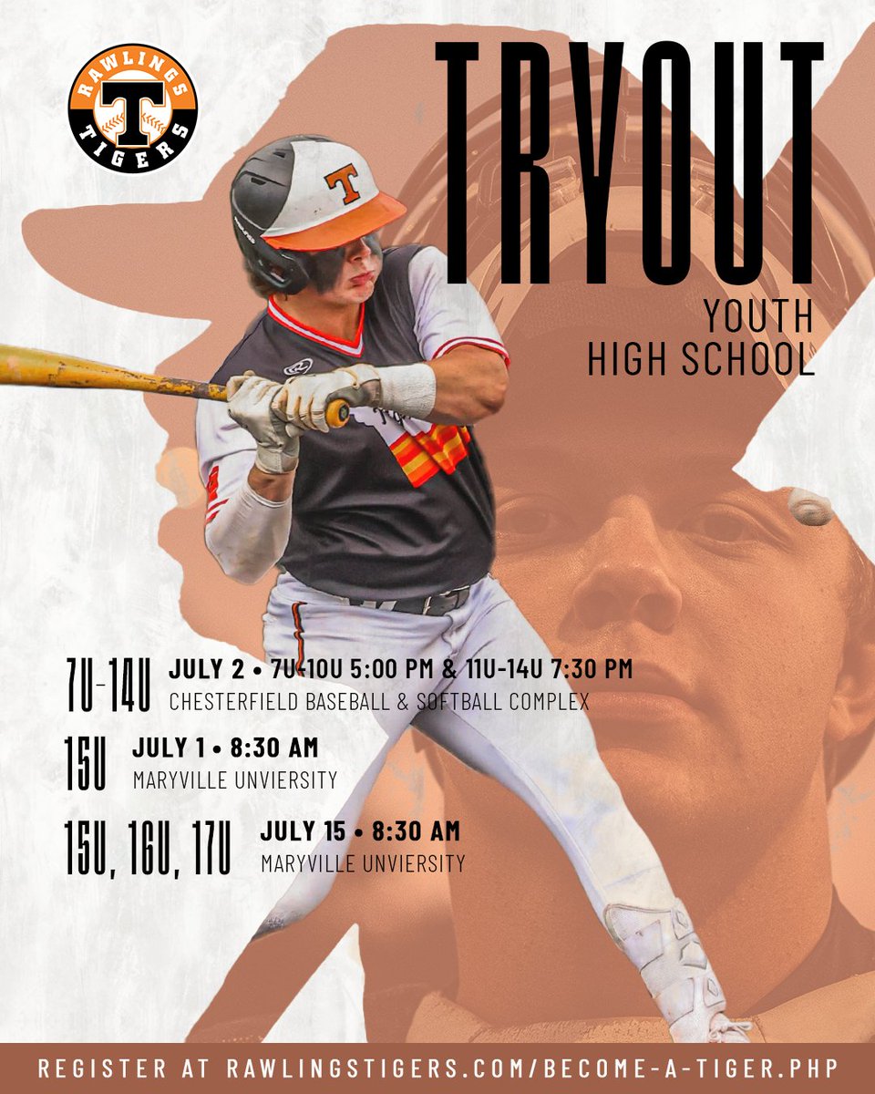 📍 TRYOUT SCHEDULE:

7U–14U
 📅 Tuesday, July 2
 🕔 7U–10U: 5:00 PM
 🕢 11U–14U: 7:30 PM
 📍 Chesterfield Baseball &amp; Softball Complex

15U
 📅 Monday, July 1
 🕣 8:30 AM
 📍 Maryville University

15U, 16U, 17U
 📅 Monday, July 15
 🕣 8:30 AM
 📍 Maryville University