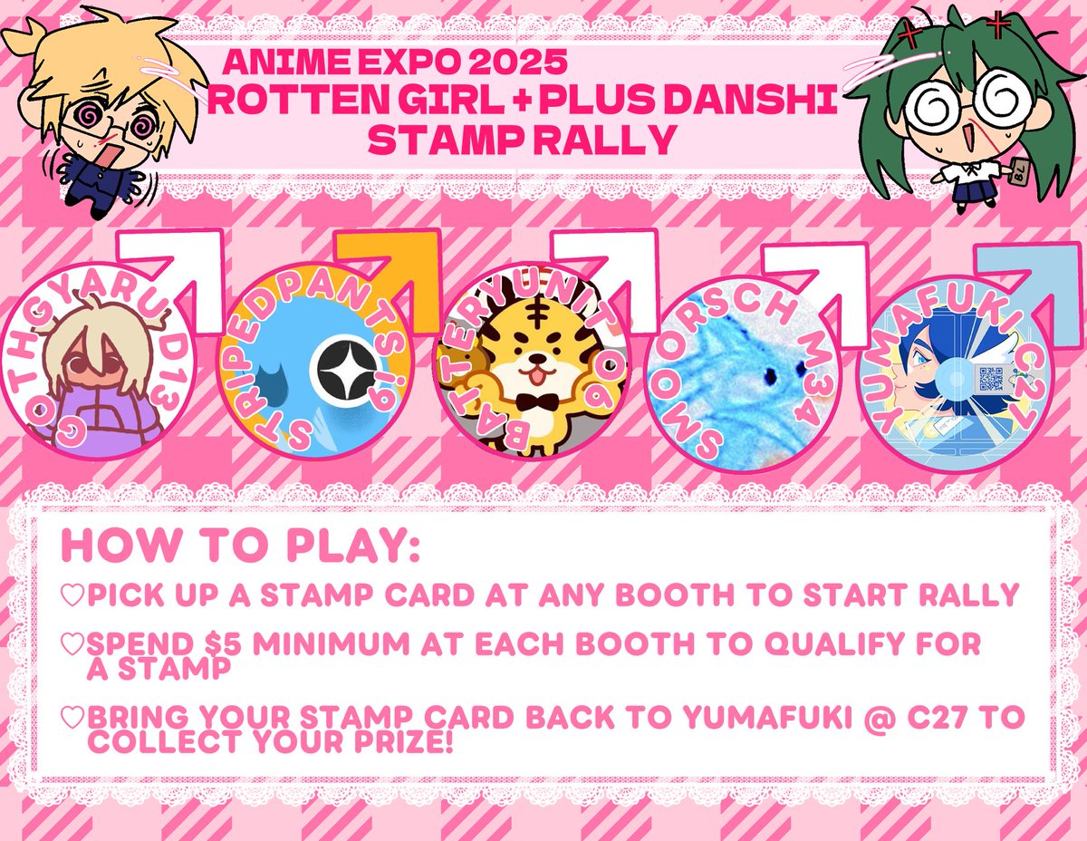 yumafuki's tweet photo. Calling all PERVERTS!! Our Rotten Danshi Rally is coming to #AnimeExpo ! We hope to see you there!

Collect all 5 stamps for our huge prize pack!

Contributors:
@yumafuki C27
@gothgyaru D13
@mrstripedpants i9
@batteryunit O6
@smoorsch M34

🏷️: #rottengirl #plusdanshi #ax2025 https://t.co/42dJzjqY2s