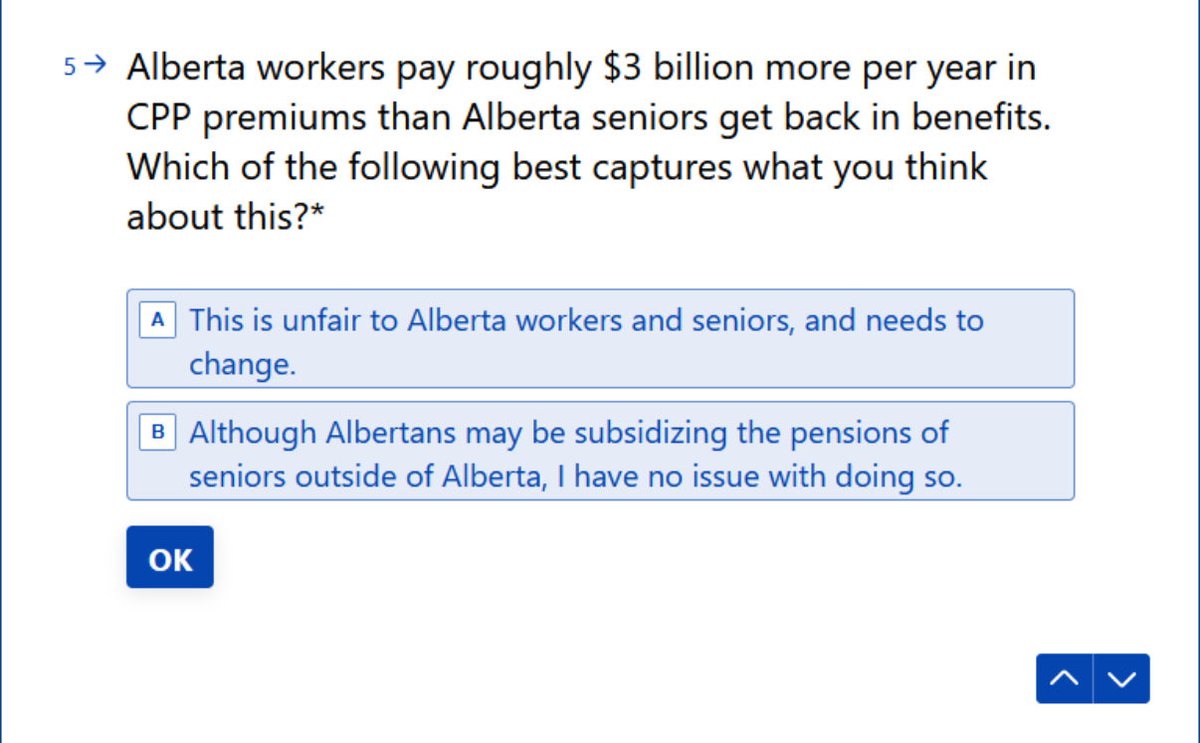 Here’s an example of the misleading questions being asked in the UCP’s Alberta Next survey. It fails to mention that the discrepancy is due to fact that we have more workers than retirees. Every Canadian contributes at the same rate and gets the same benefits.
