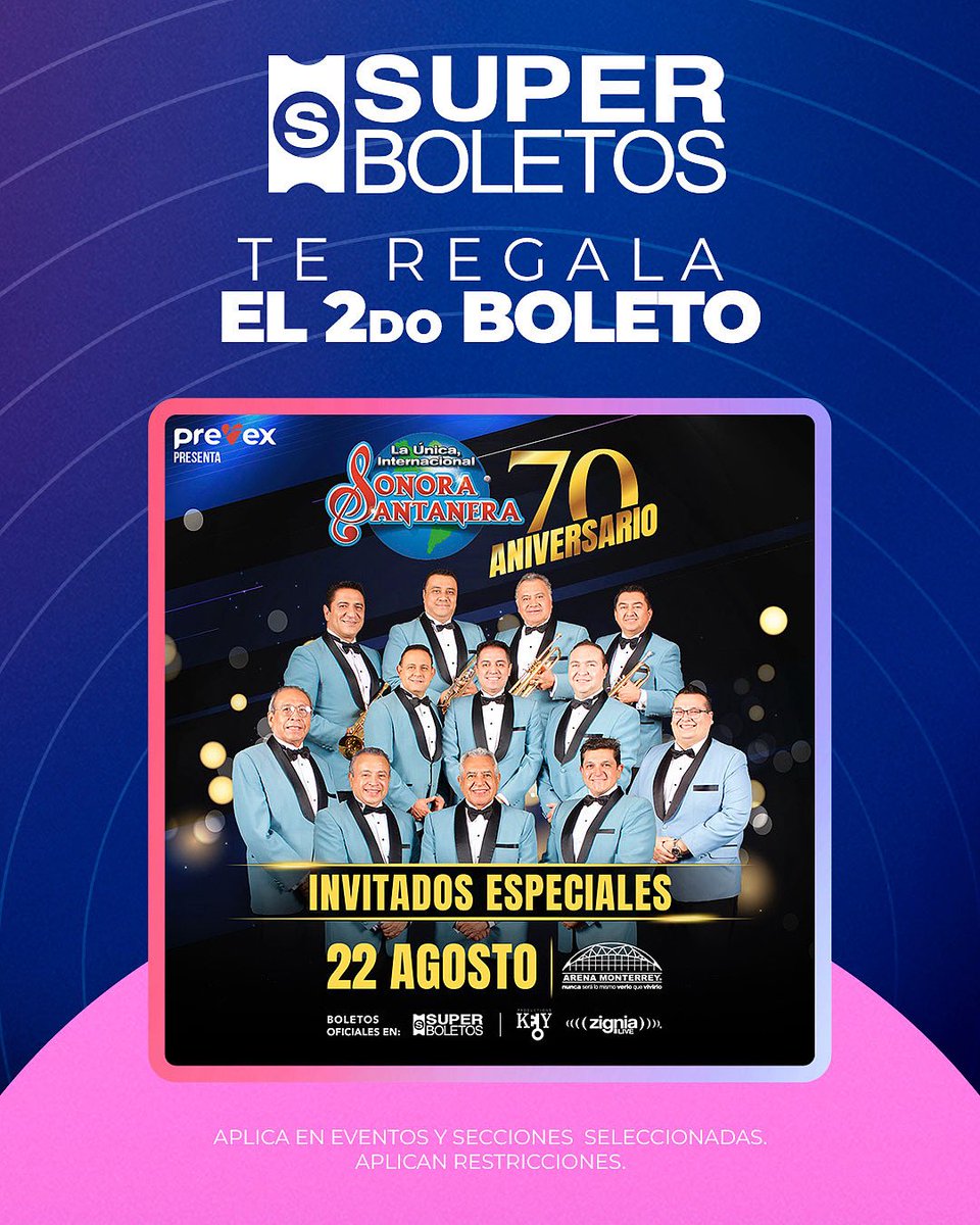 Superboletos (@superboletosmx) on Twitter photo 🎟️¡Hoy es de Promo!🎟️
Superboletos te regala tu segunda entrada para <a href="/SantaneraMx/">La Única Internacional Sonora Santanera</a> en #ArenaMonterrey
📍Plata, Coke studio. Super palco, Oro, Pref Especial
➡ Activa tu cupón en 𝗣𝗿𝗼𝗺𝗼𝗰𝗶𝗼𝗻𝗲𝘀 𝘆 𝗗𝗲𝘀𝗰𝘂𝗲𝗻𝘁𝗼𝘀 de Superboletos: ow.ly/FjuV50Wgl2F 🎟️¡Hoy es de Promo!🎟️
Superboletos te regala tu segunda entrada para <a href="/SantaneraMx/">La Única Internacional Sonora Santanera</a> en #ArenaMonterrey
📍Plata, Coke studio. Super palco, Oro, Pref Especial
➡ Activa tu cupón en 𝗣𝗿𝗼𝗺𝗼𝗰𝗶𝗼𝗻𝗲𝘀 𝘆 𝗗𝗲𝘀𝗰𝘂𝗲𝗻𝘁𝗼𝘀 de Superboletos: ow.ly/FjuV50Wgl2F