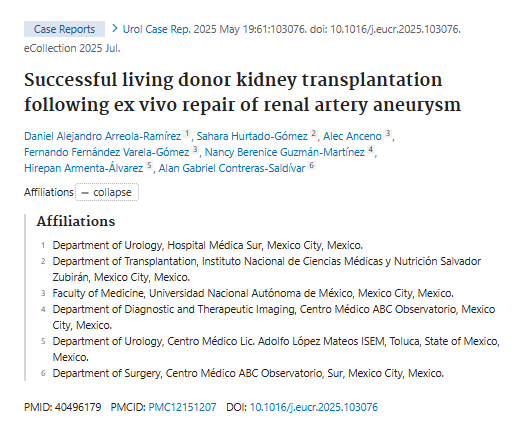 INCMNSZ_DirInv's tweet image. Estudio de caso sobre trasplante renal exitoso de donante vivo tras reparación ex vivo de aneurisma de la arteria renal. Participación del @incmnszmx, Hurtado Gómez Sahara y cols.