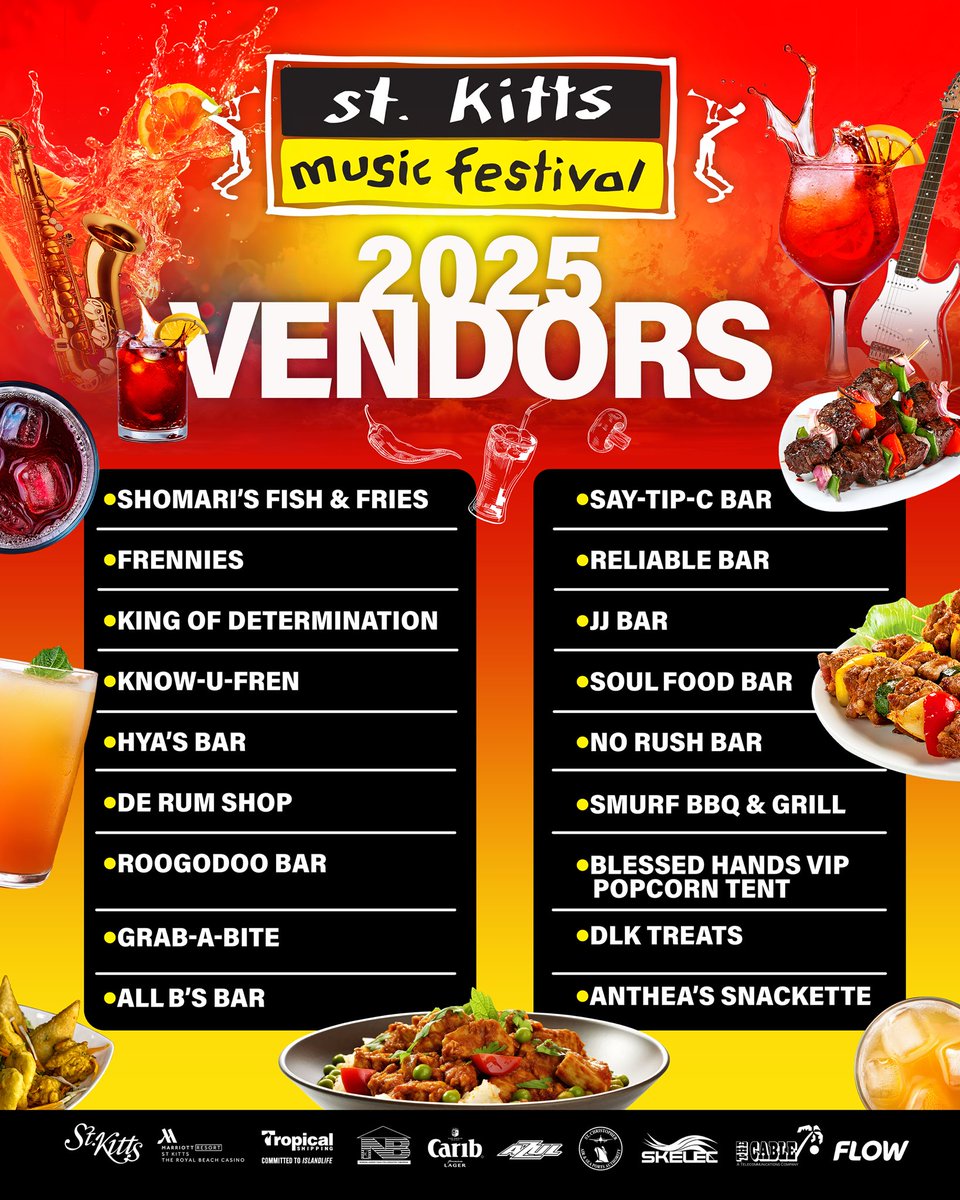 🍔🍻🍬🍿 From gourmet bites to Kittitian street eats, handcrafted cocktails to sweet treats — the vendor lineup is STACKED and bringing serious flavor! 🤤

𝐑𝐞𝐚𝐥 𝐨𝐧𝐞𝐬 𝐤𝐧𝐨𝐰: the food and drinks are part of the headline act. 

🎫: stkittsmusicfestival.com