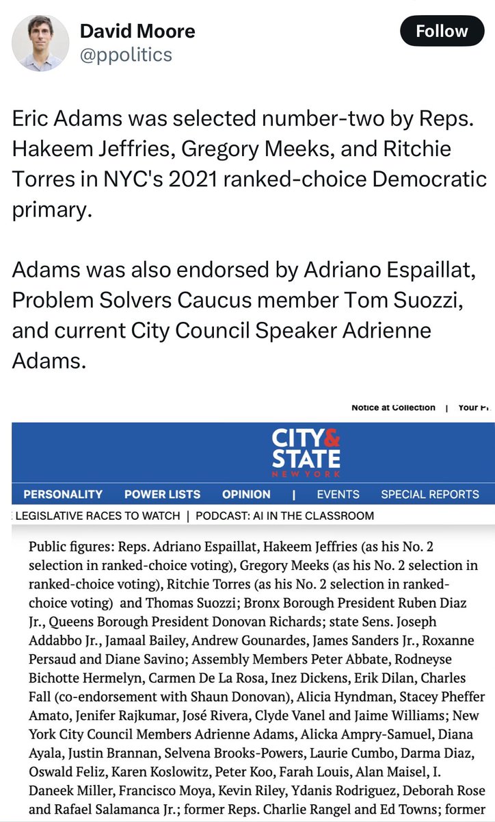 DanRadzikowski's tweet image. Any concerns about the current Mayor, who was indicted on federal corruption, bribery, wire fraud, illegal foreign donation charges by DOJ during the Biden administration, &amp;amp; dropped by the Trump DOJ?  Any serious concerns now about your last endorsement? #DemocraticPrimary #Adams