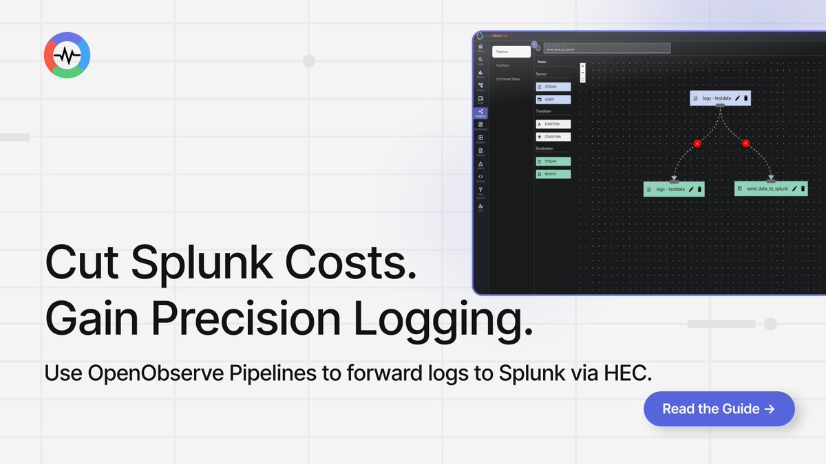OpenObserve's tweet image. Keep your Splunk dashboards. Lower your bill.
Here’s how to cut ingest costs by routing logs from OpenObserve to Splunk via HEC, all in YAML.

📘 Read the guide: openobserve.ai/blog/sending-d…

#OpenObserve #DevOps #Observability #Splunk #Logs #SRE #OpenTelemetry