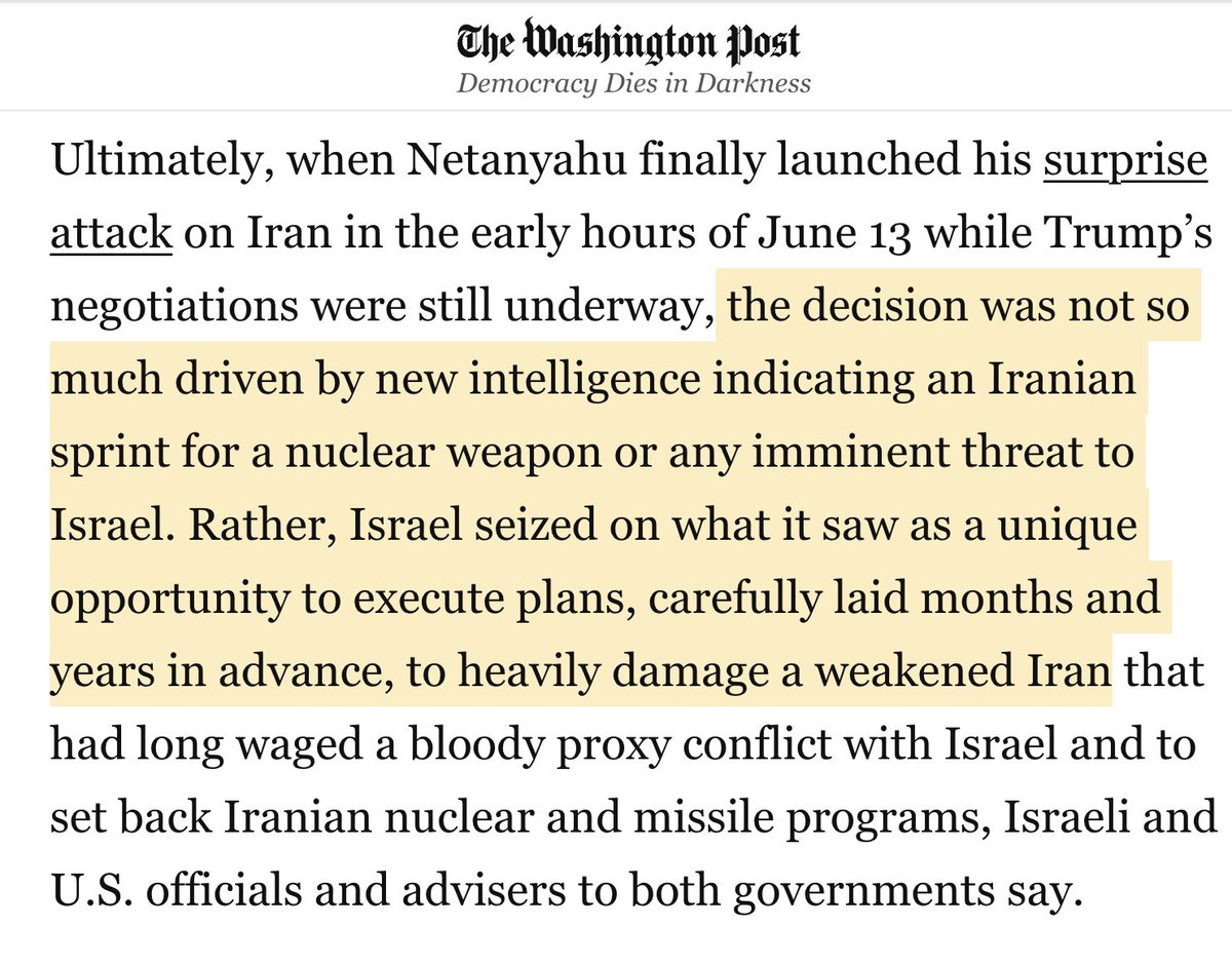 Not that we needed any more confirmation, but the Washington Post reports that the Israeli-US attack on Iran was decided months earlier and had nothing to do with nuclear weapons. 

Senior Israeli officials say they "already decided by March" to attack Iran -- the same month the