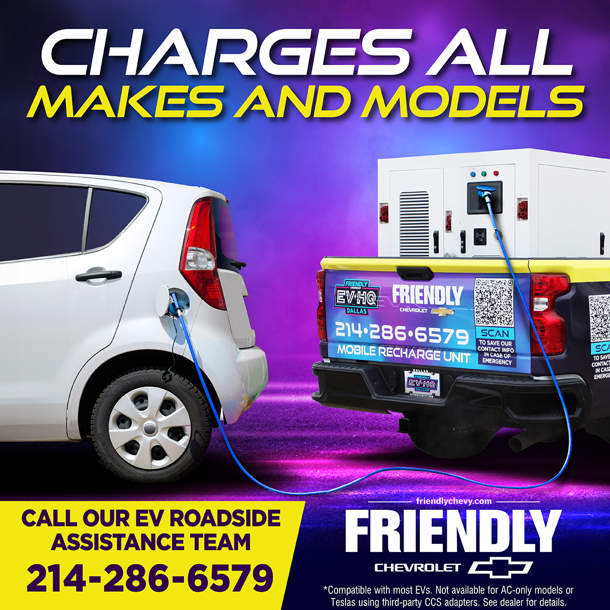 FCEVHQ's tweet photo. Never worry about running out of charge again😁 Our EV Roadside Assistance Team is here 24/7, providing quick mobile EV charging without the need for towing🪝

Save our phone number (214-286-6579), &amp; when you call, we'll come to you👉 (link in bio)

#FriendlyChevy #EV #EVHQ https://t.co/zby5lroLAm