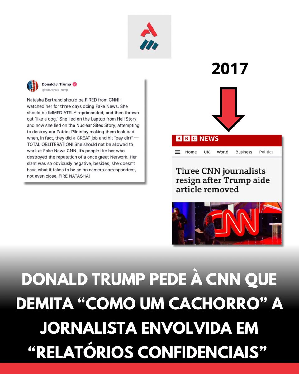 areamilitarof's tweet photo. Donald Trump pede à CNN que demita a jornalista Natasha Bertrand e diz que ela deveria ser "expulsa como um cachorro" após vazar um suposto relatório preliminar confidencial determinando que os ataques americanos contra as instalações nucleares não produziram o efeito desejado ou não conseguiu destruir o programa nuclear persa, apenas o atrasando em meses.

Não é a primeira vez que jornalistas e a CNN publicam matérias graves sobre Donald Trump. Em 2017, três jornalistas pediram demissão após a CNN retirar uma matéria mentirosa sobre uma investigação em andamento no Congresso Americano do assessor direto de Donald Trump, Anthony Scaramucci.