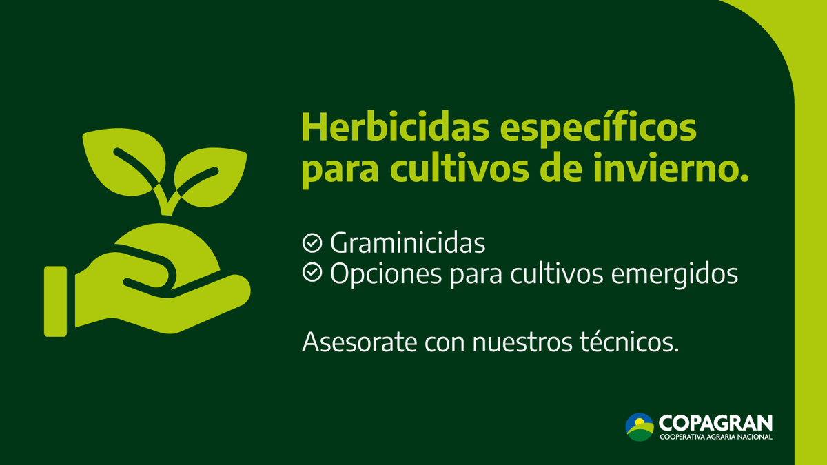 🌱 Herbicidas específicos para cultivos de invierno
Graminicidas y productos para cultivos emergidos.
El momento de aplicar es ahora.

En Copagran te ayudamos a elegir el producto justo para cada situación.
Escribinos o contactá a tu técnico de zona.