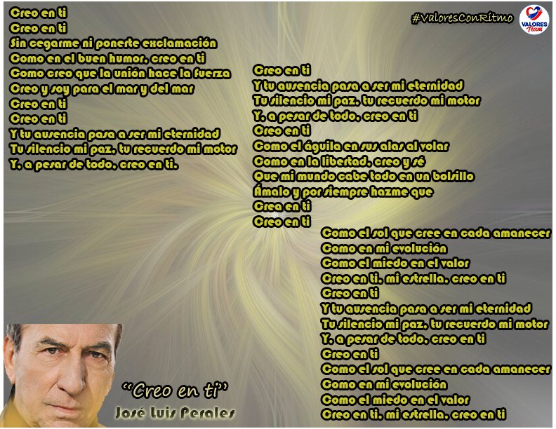 ValoresTeam1's tweet photo. ✨Hoy en #ValoresConRitmo🎼 exploramos "Creo en Ti" de José Luis Perales, una joya atemporal que trasciende el amor romántico para convertirse en un manifiesto universal sobre la esencia humana. 

🎹Esta canción es un espejo de valores que sostienen la vida misma. 💝
#ValoresTeam https://t.co/5qzGfPAtu5
