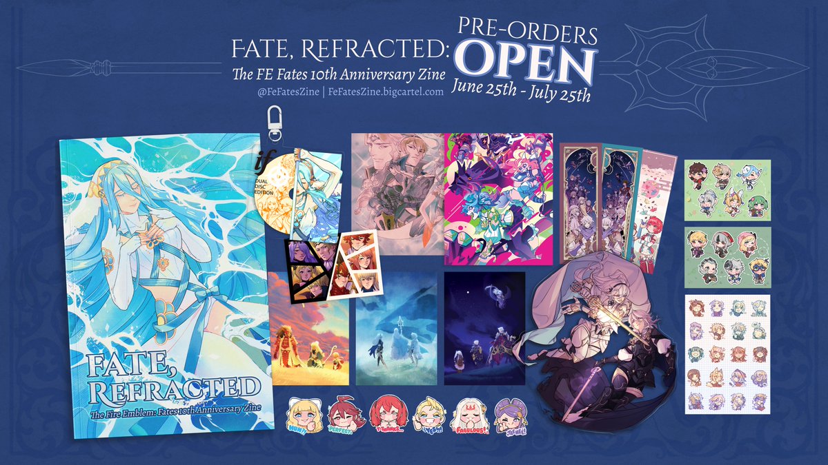 FeFatesZine's tweet image. ⚔️💎 PRE-ORDERS OPEN! 💎⚔️
Fate, Refracted: The FE Fates 10th Anniversary Zine features art & fiction from 40+ contributors celebrating 10 years of Fire Emblem: Fates.
SHOP HERE: fefateszine.bigcartel.com
More about bundles, proceeds, & stretch goals ↓