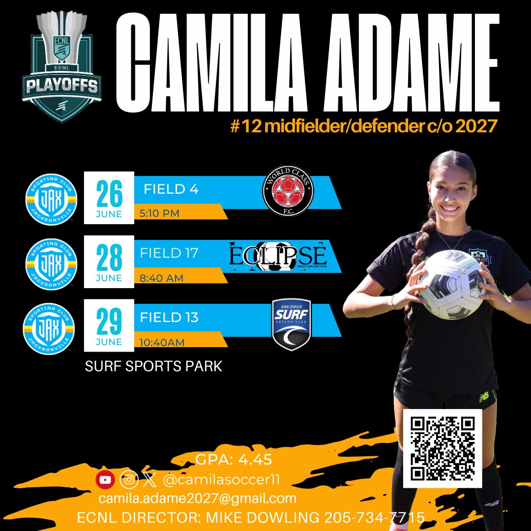 Camila Adame (@camilasoccer11) on Twitter photo Officially in San Diego! 🌴☀️ Hope to see you tomorrow on our sidelines!
<a href="/SportingJaxSa/">Sporting Jax Soccer Academy</a> <a href="/sporting_jax/">Sporting JAX</a> <a href="/ECNLgirls/">ECNL Girls</a> <a href="/ECNLSoutheast/">ECNL Southeast Girls</a> <a href="/TopDrawerSoccer/">TopDrawerSoccer</a> <a href="/VicOlorunfemi10/">Victor Olorunfemi</a> <a href="/PrepSoccer/">Prep Soccer ⚽️</a> <a href="/JREskilson/">J.R. Eskilson</a> <a href="/mattsmithsoccer/">Matt Smith</a> <a href="/TheSoccerWire/">SoccerWire</a> <a href="/ImYouthSoccer/">ECNL/GA/Recruiting/College Soccer</a> <a href="/ImCollegeSoccer/">College Soccer Truth ™</a> Officially in San Diego! 🌴☀️ Hope to see you tomorrow on our sidelines!
<a href="/SportingJaxSa/">Sporting Jax Soccer Academy</a> <a href="/sporting_jax/">Sporting JAX</a> <a href="/ECNLgirls/">ECNL Girls</a> <a href="/ECNLSoutheast/">ECNL Southeast Girls</a> <a href="/TopDrawerSoccer/">TopDrawerSoccer</a> <a href="/VicOlorunfemi10/">Victor Olorunfemi</a> <a href="/PrepSoccer/">Prep Soccer ⚽️</a> <a href="/JREskilson/">J.R. Eskilson</a> <a href="/mattsmithsoccer/">Matt Smith</a> <a href="/TheSoccerWire/">SoccerWire</a> <a href="/ImYouthSoccer/">ECNL/GA/Recruiting/College Soccer</a> <a href="/ImCollegeSoccer/">College Soccer Truth ™</a>