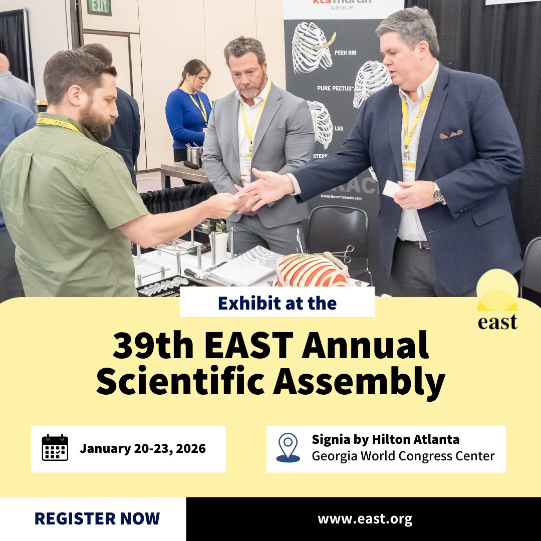 🚨 Exhibitors, mark your calendars! 🚨
Join us at the 39th EAST Annual Scientific Assembly, January 20-23, 2026, at the Signia by Hilton Atlanta Georgia World Congress Center!

Why Exhibit?
🔹 Engage with trauma professionals at the forefront of care
🔹 Showcase your products and